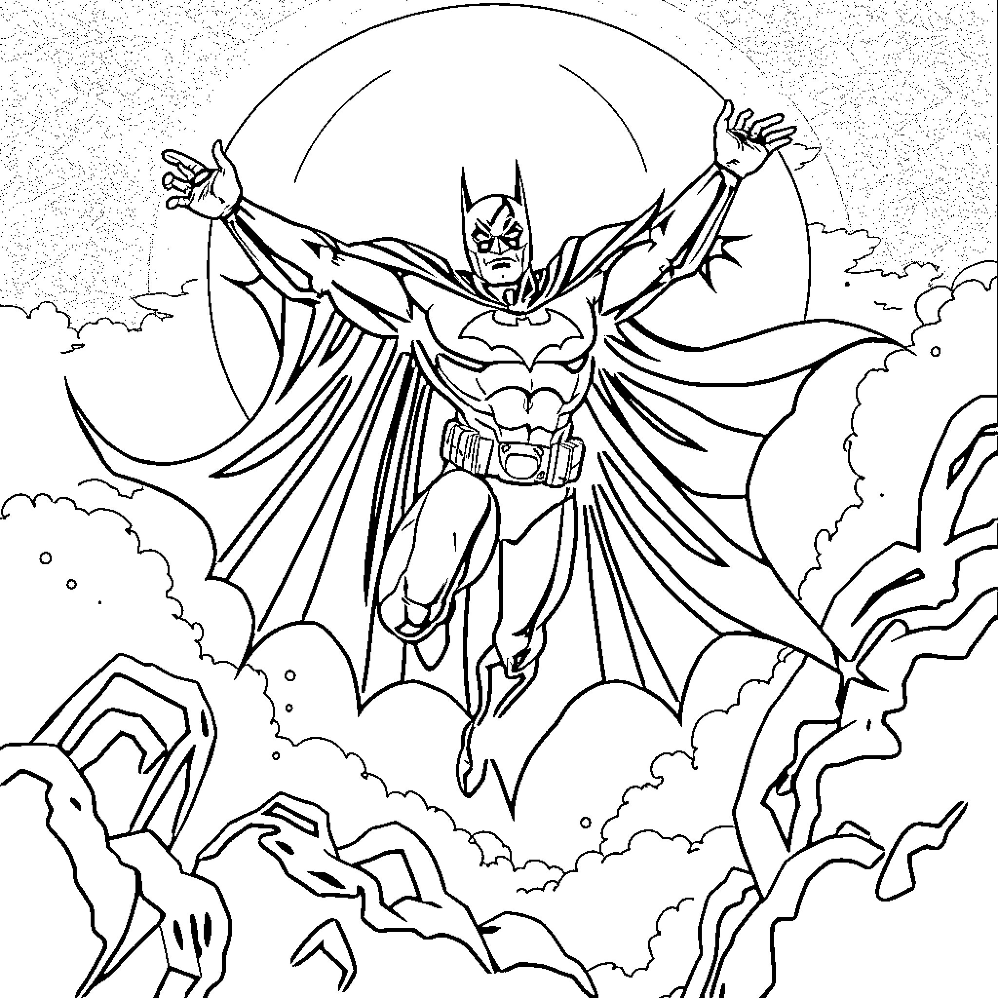Batman soaring through the clouds with outstretched cape Coloring Page (free black-and-white line drawing printable PDF for all, from beginners to advanced learners, including children, teens, adults, and seniors)