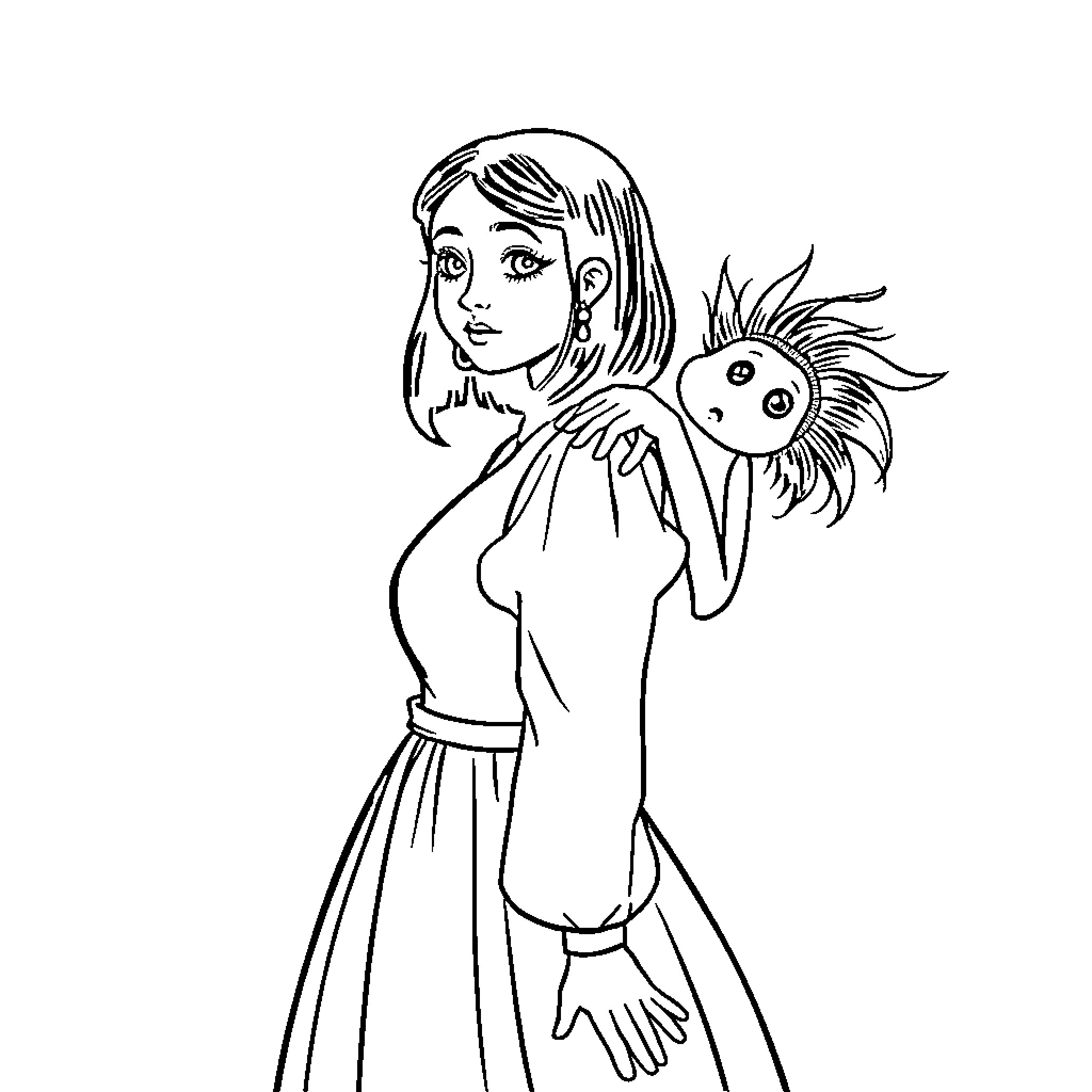 Wednesday Addams holding a peculiar creature Coloring Page (free black-and-white line drawing printable PDF for all, from beginners to advanced learners, including children, teens, adults, and seniors)