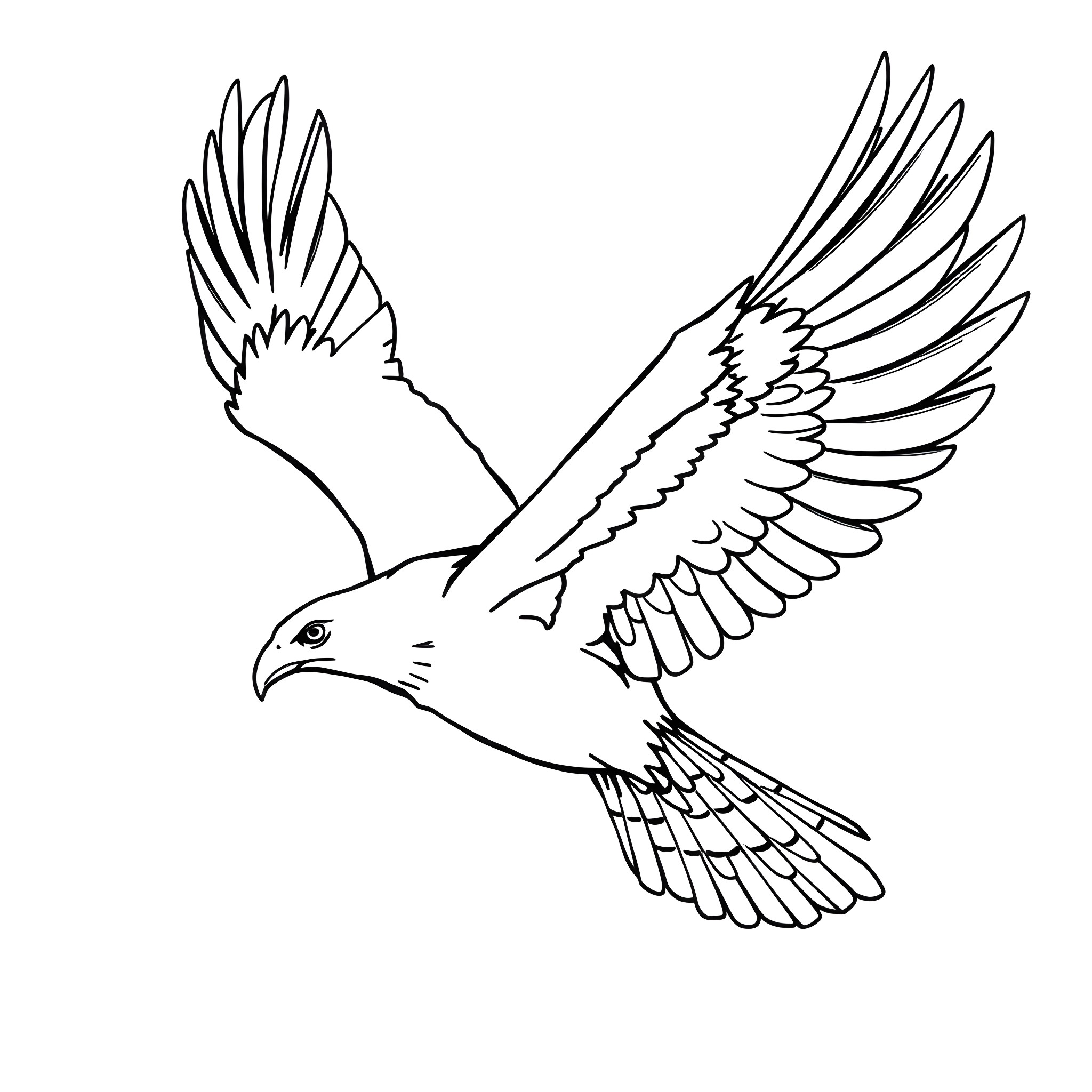 Eagle flying gracefully with outstretched wings Coloring Page (free black-and-white line drawing printable PDF for all, from beginners to advanced learners, including children, teens, adults, and seniors)