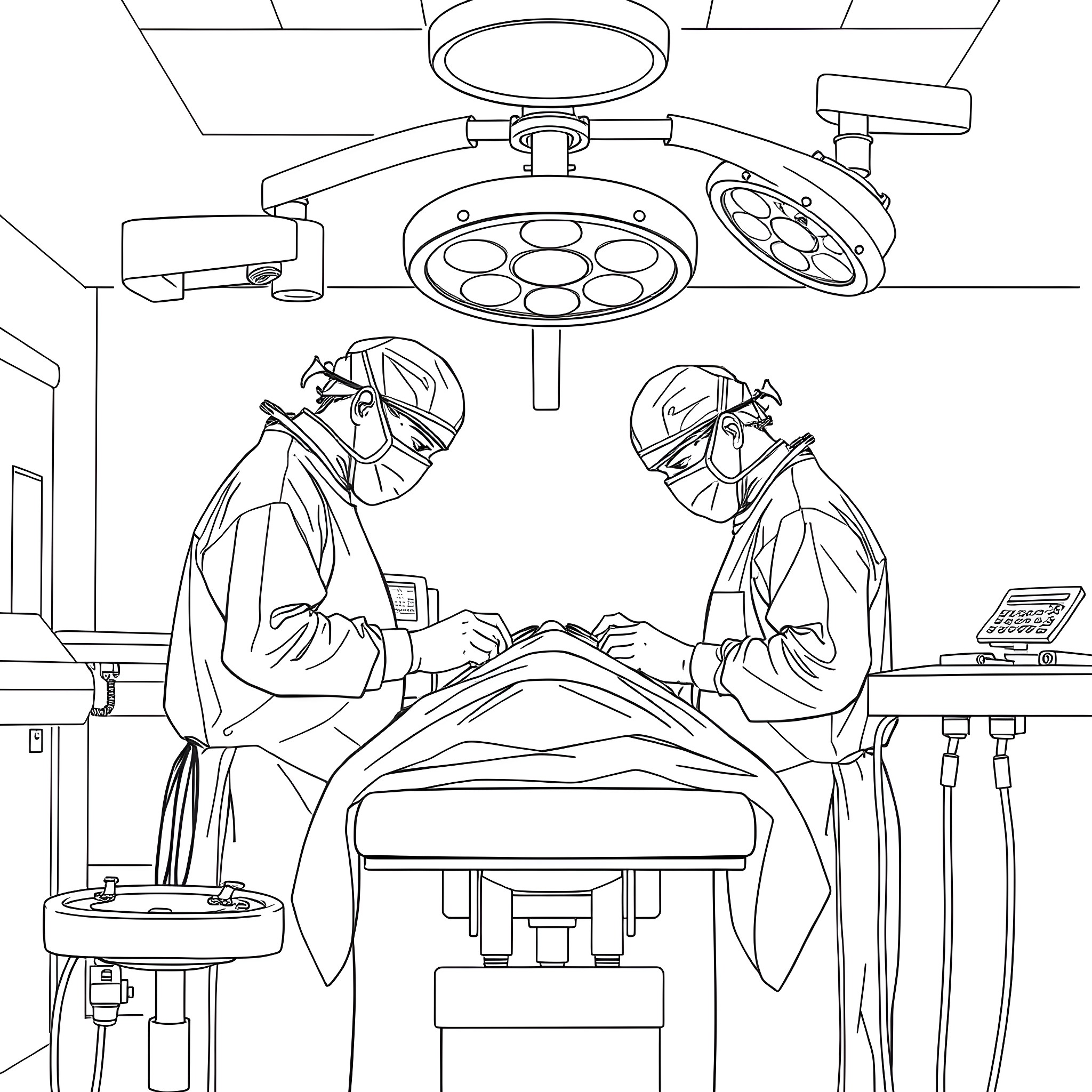 Surgeon Team Performing Complex Surgery in Operating Room Coloring Page (free black-and-white line drawing printable PDF for all, from beginners to advanced learners, including children, teens, adults, and seniors)