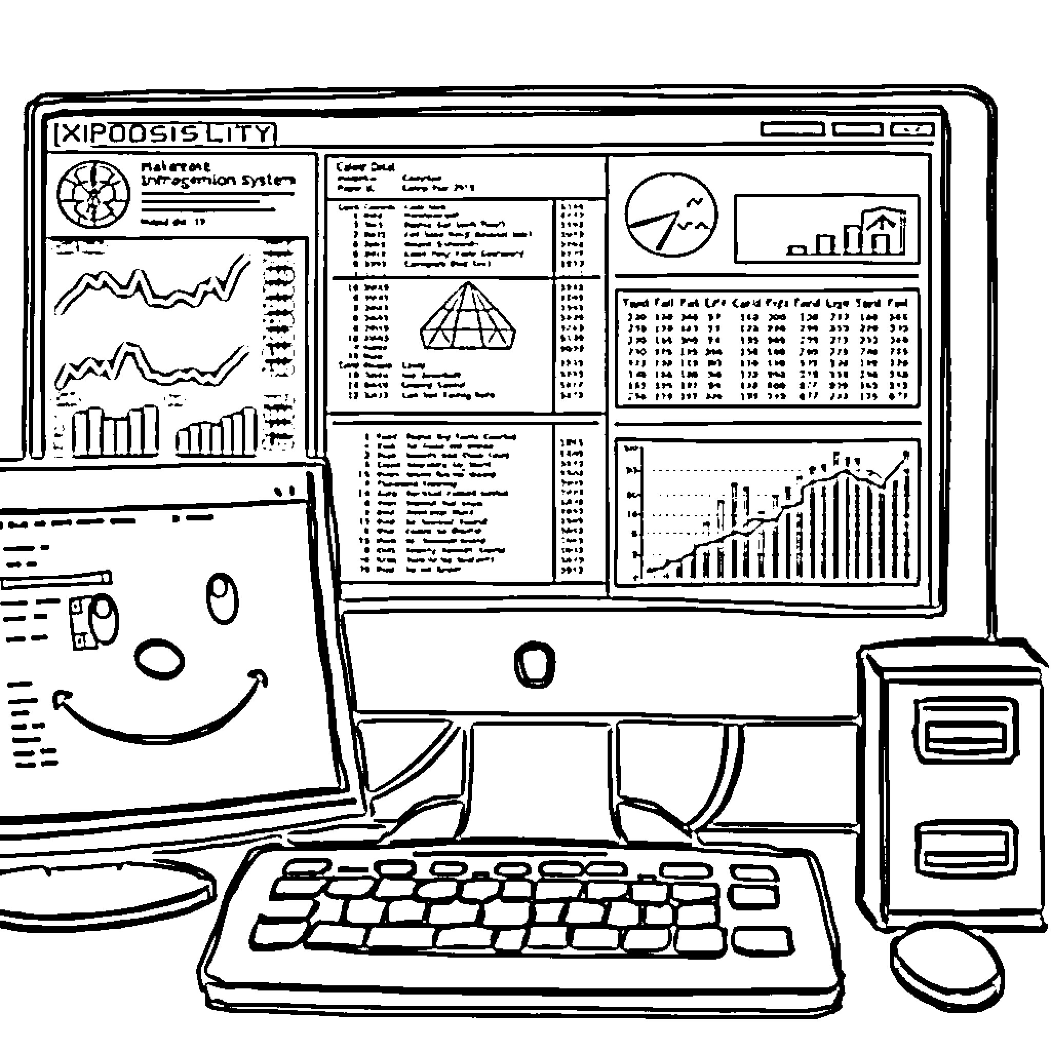 Management Information System with Data Analysis Tools Coloring Page (free black-and-white line drawing printable PDF for all, from beginners to advanced learners, including children, teens, adults, and seniors)