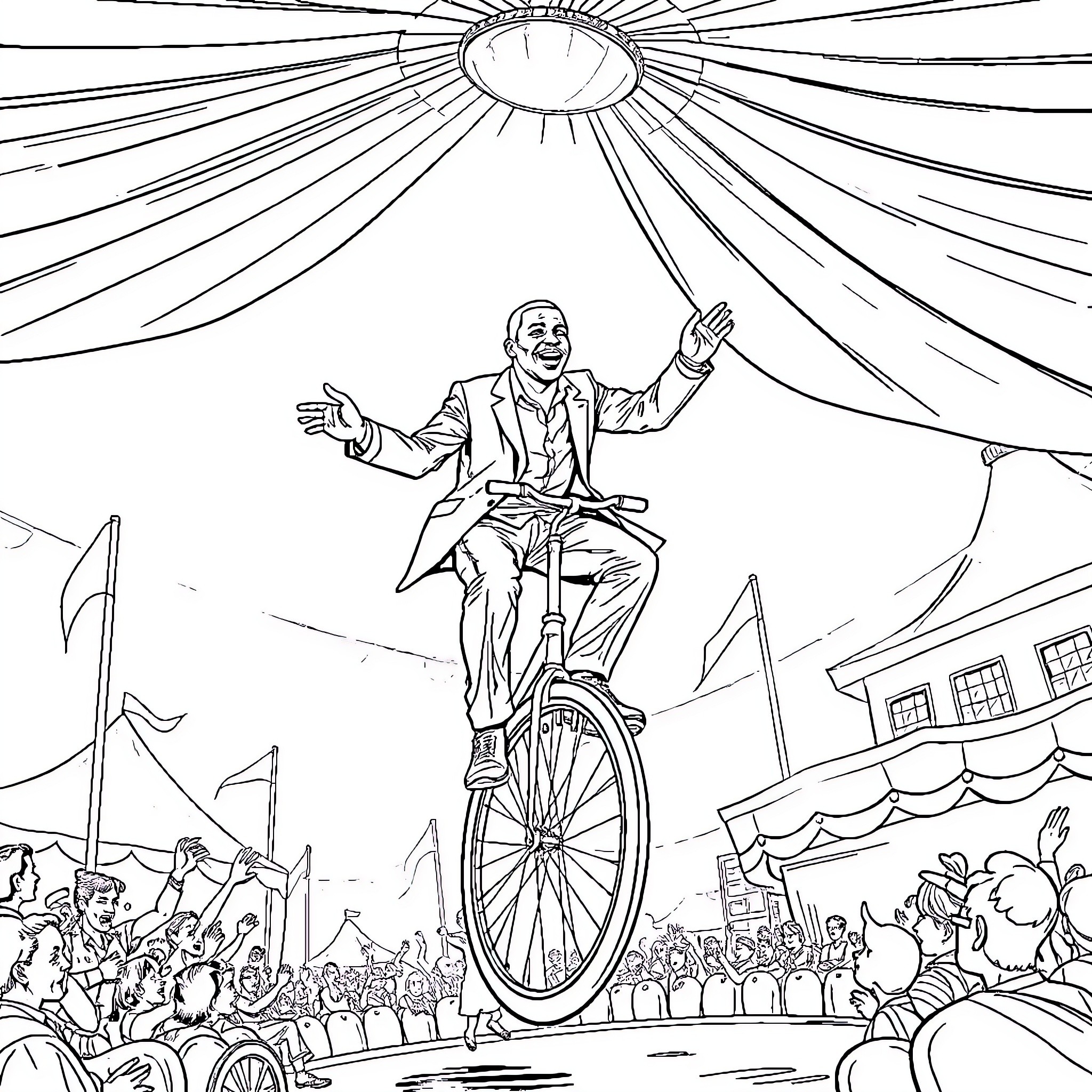Denzel Washington riding high on a bicycle in a celebratory scene Coloring Page (free black-and-white line drawing printable PDF for all, from beginners to advanced learners, including children, teens, adults, and seniors)
