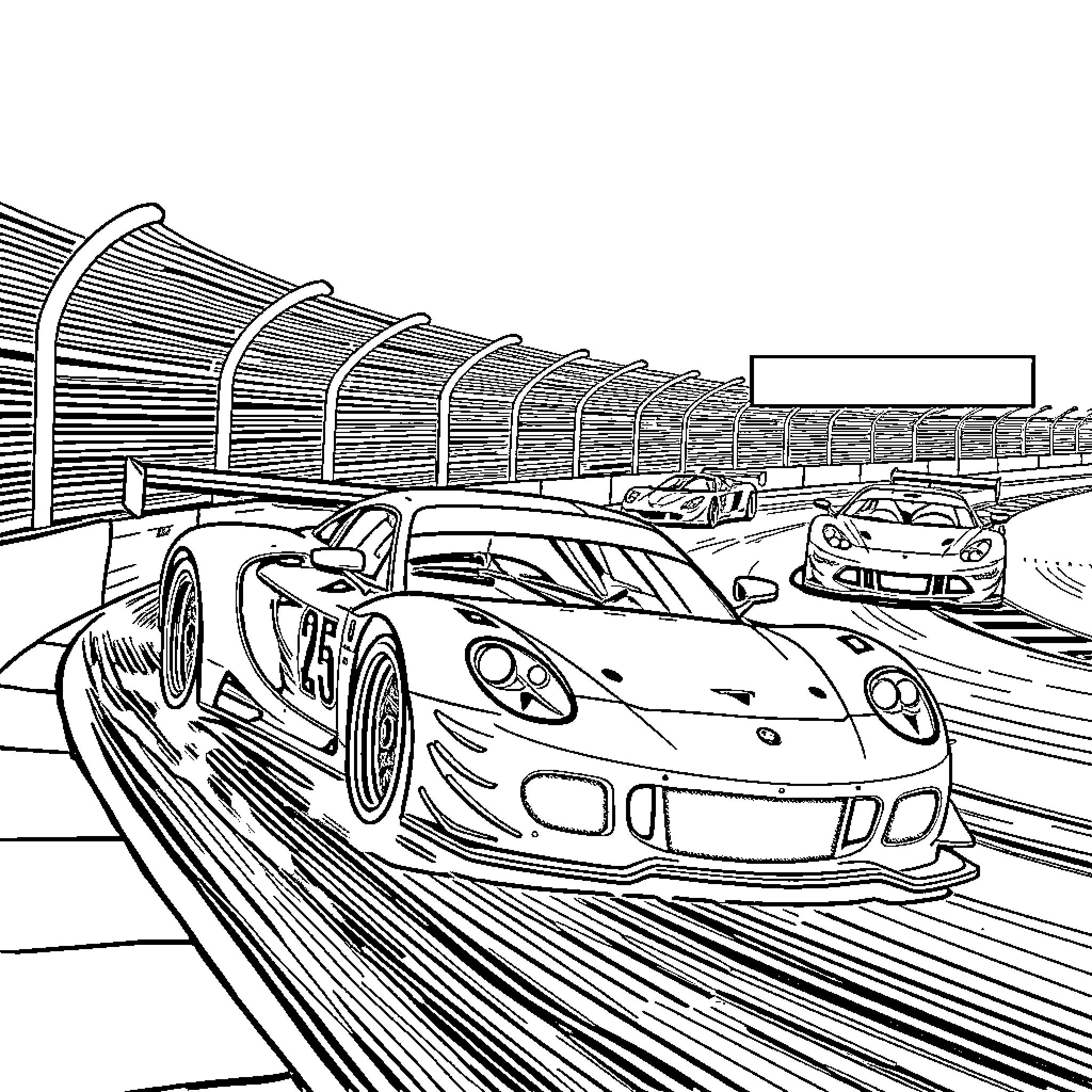 Car racing on the racetrack Coloring Page (free black-and-white line drawing printable PDF for all, from beginners to advanced learners, including children, teens, adults, and seniors)