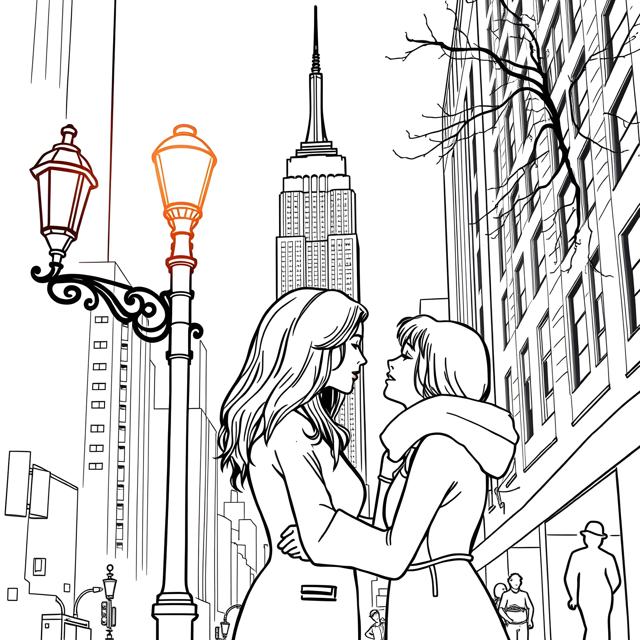 Love in the City: Romantic Encounter amid Iconic Skyscrapers Coloring Page (free black-and-white line drawing printable PDF for all, from beginners to advanced learners, including children, teens, adults, and seniors)