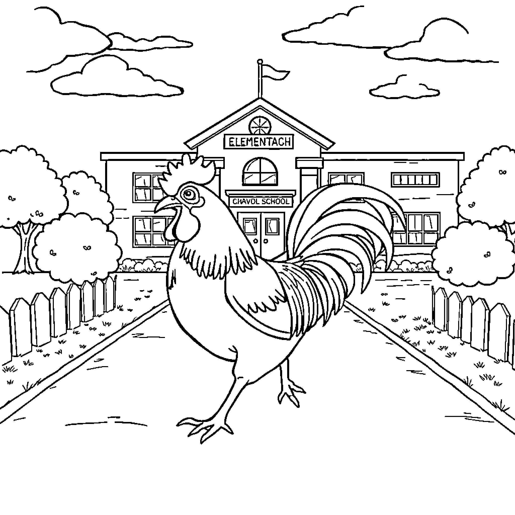 Rooster standing guard in front of elementary school Coloring Page (free black-and-white line drawing printable PDF for all, from beginners to advanced learners, including children, teens, adults, and seniors)