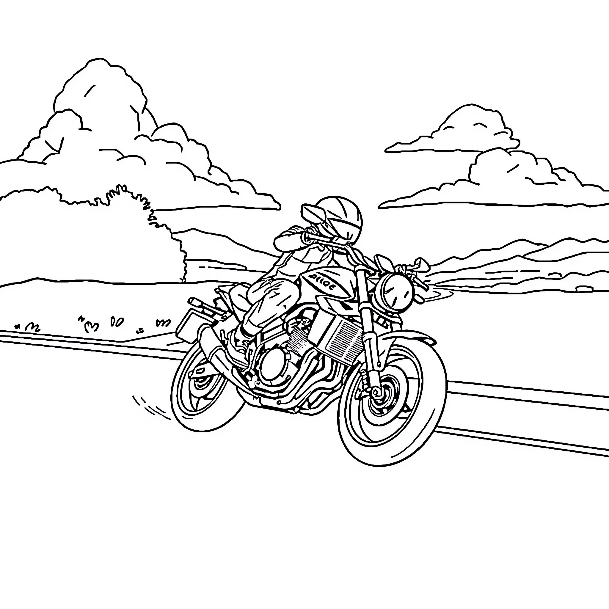 Motorcycle speeding through countryside landscape Coloring Page (free black-and-white line drawing printable PDF for all, from beginners to advanced learners, including children, teens, adults, and seniors)