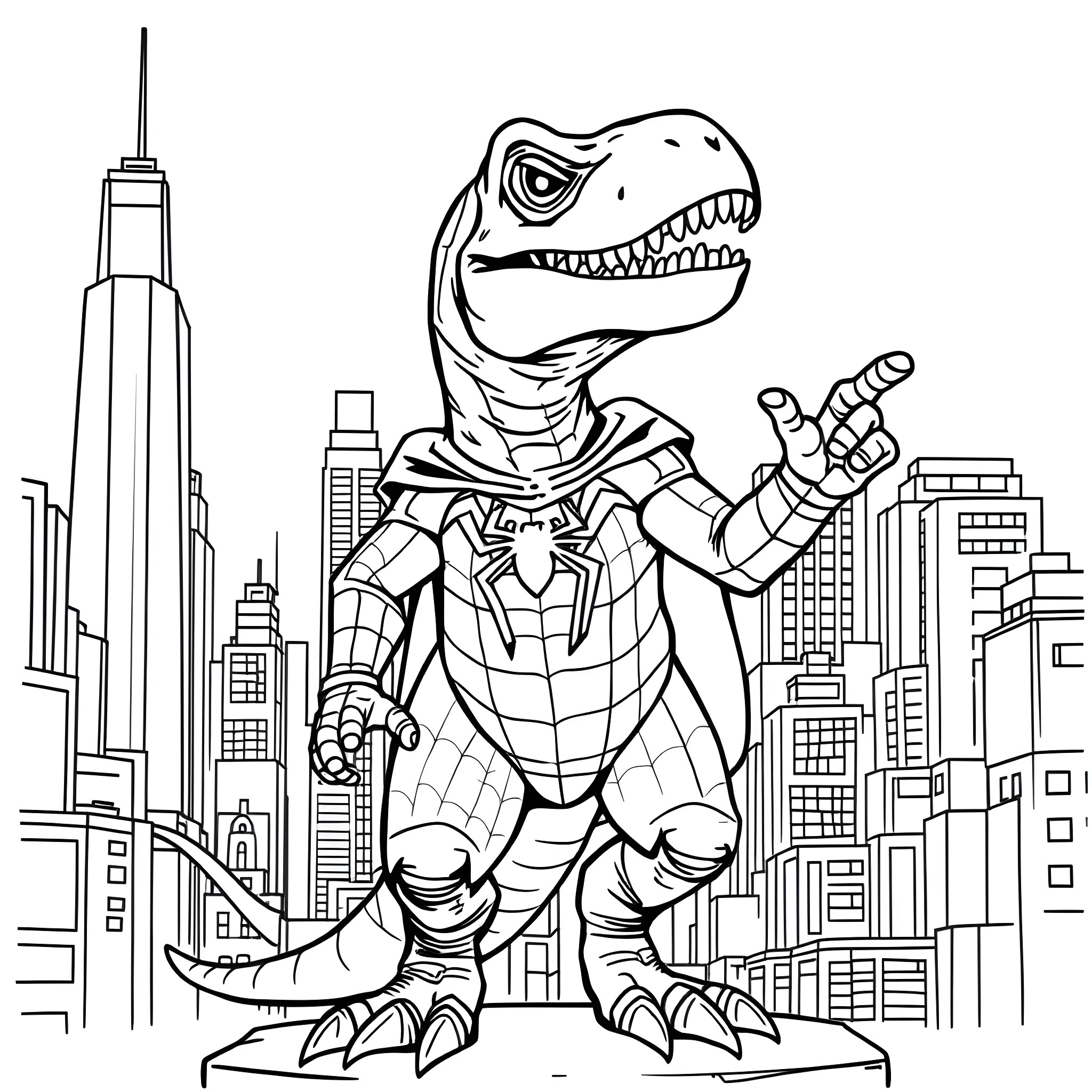 T-Rex superhero battles in the city skyline Coloring Page (free black-and-white line drawing printable PDF for all, from beginners to advanced learners, including children, teens, adults, and seniors)