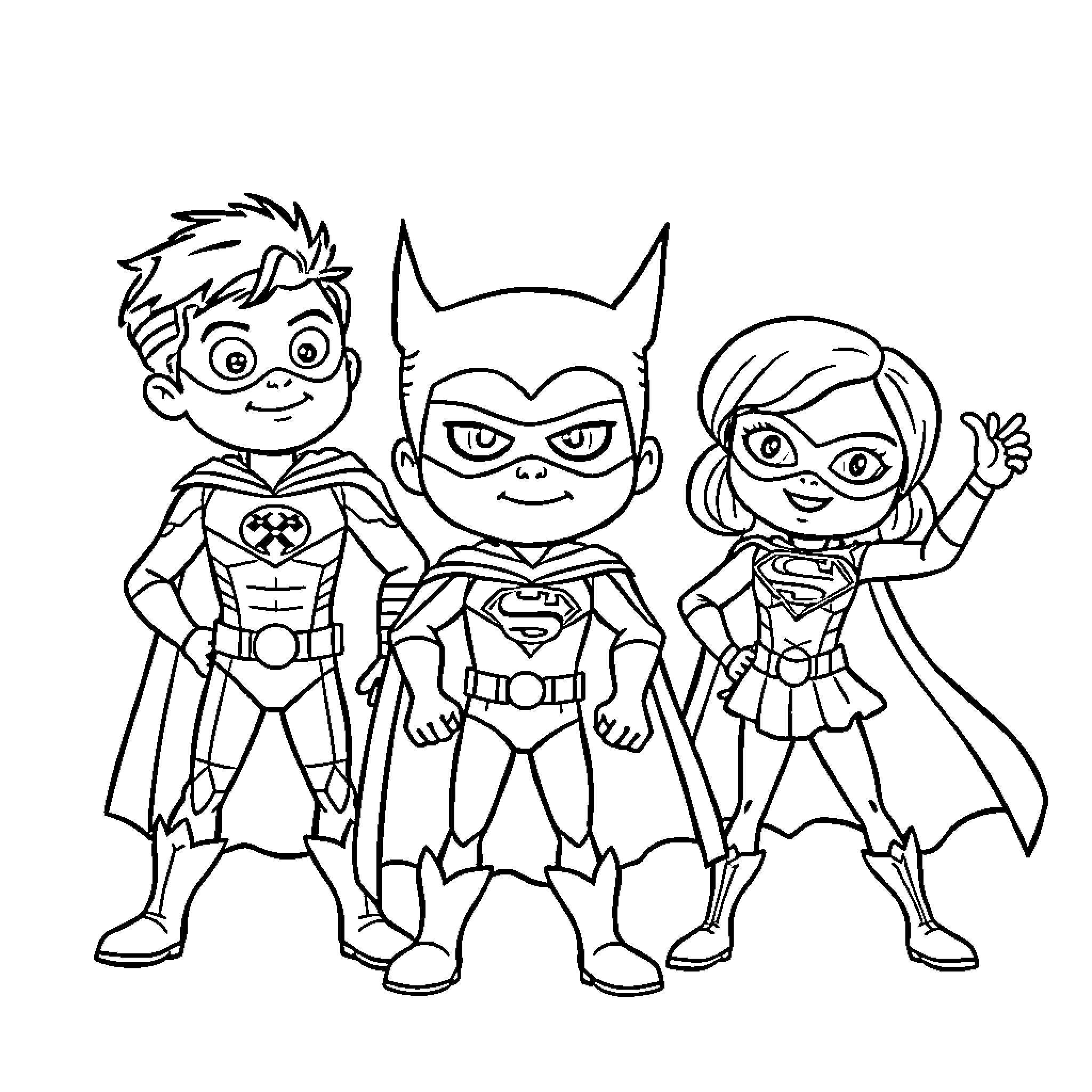 Superhero team in action poses Coloring Page (free black-and-white line drawing printable PDF for all, from beginners to advanced learners, including children, teens, adults, and seniors)