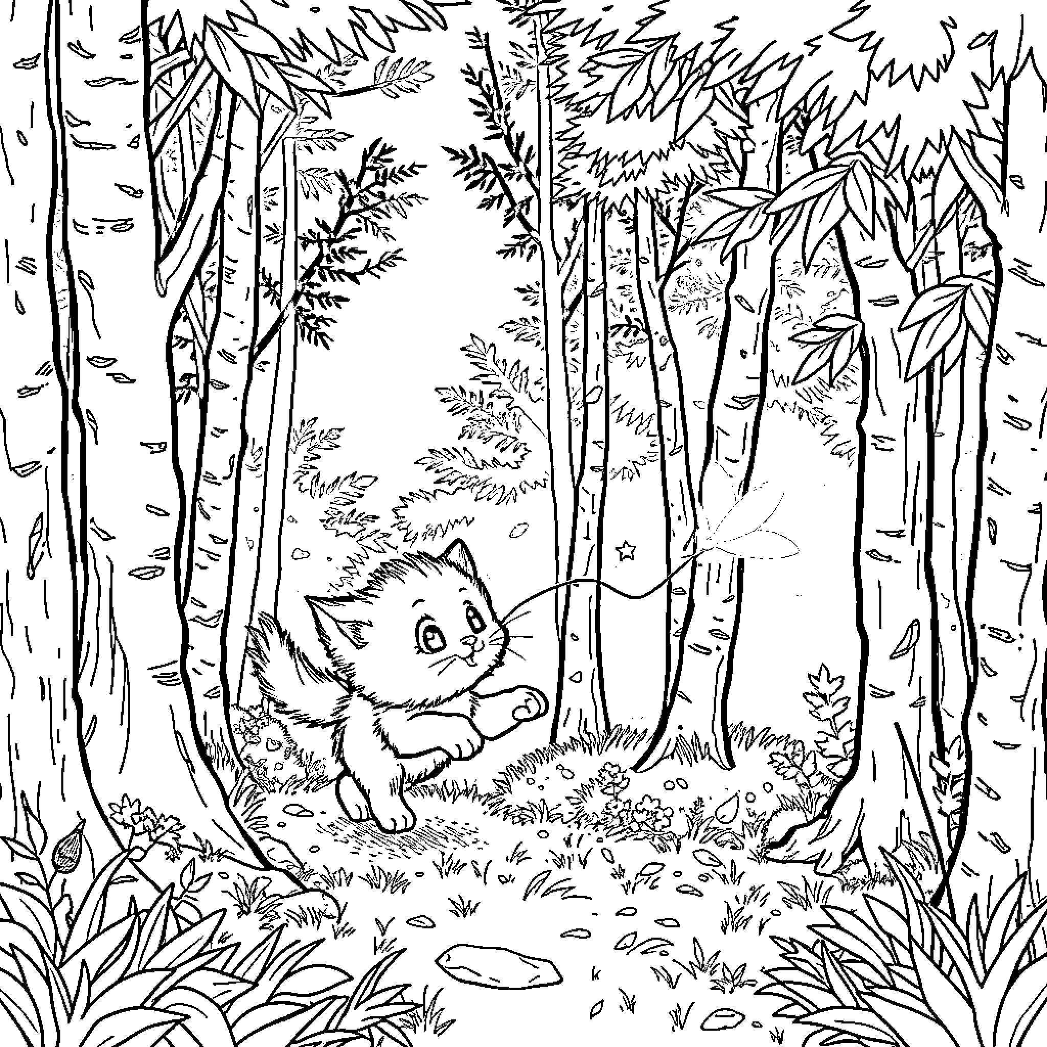Kitten exploring the enchanting forest Coloring Page (free black-and-white line drawing printable PDF for all, from beginners to advanced learners, including children, teens, adults, and seniors)