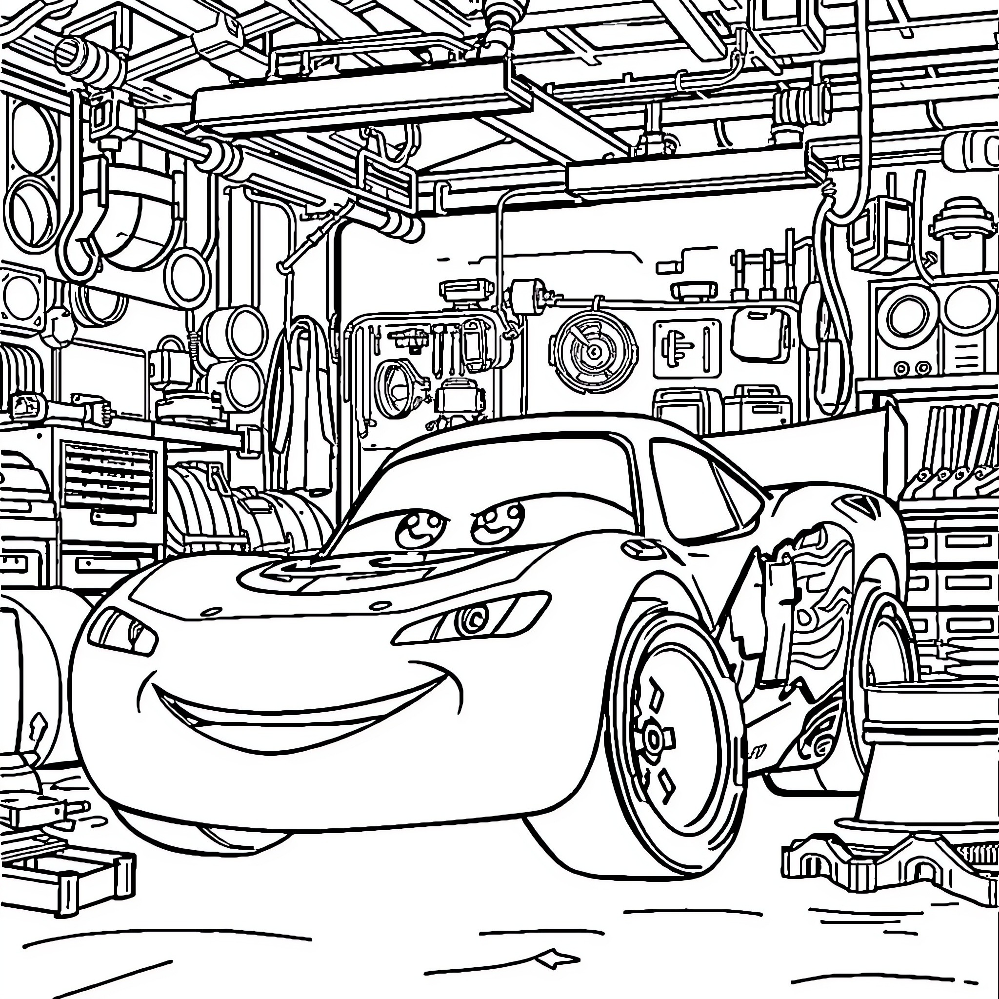 McQueen's Garage Antics Coloring Page (free black-and-white line drawing printable PDF for all, from beginners to advanced learners, including children, teens, adults, and seniors)