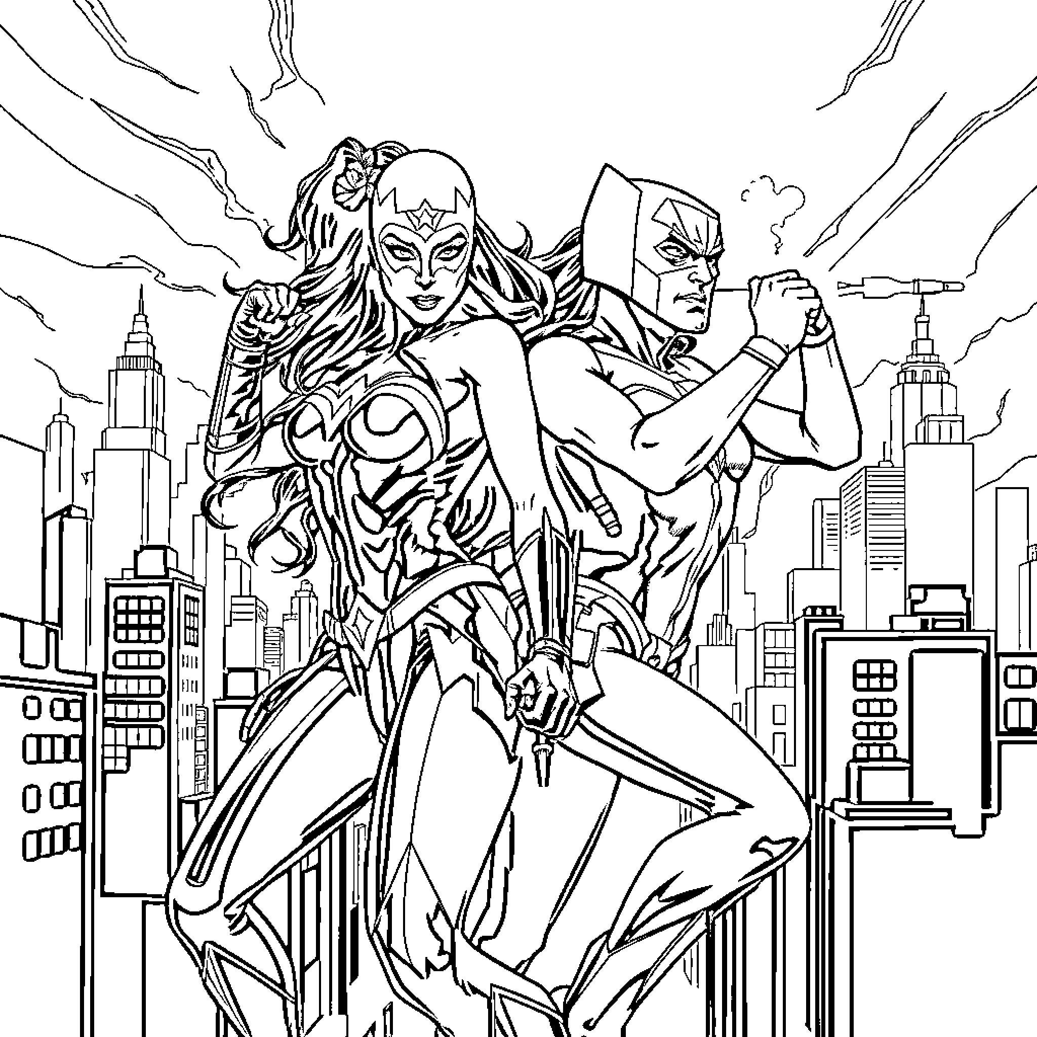 Wonder Woman Heroically Defends the City with Allies Coloring Page (free black-and-white line drawing printable PDF for all, from beginners to advanced learners, including children, teens, adults, and seniors)