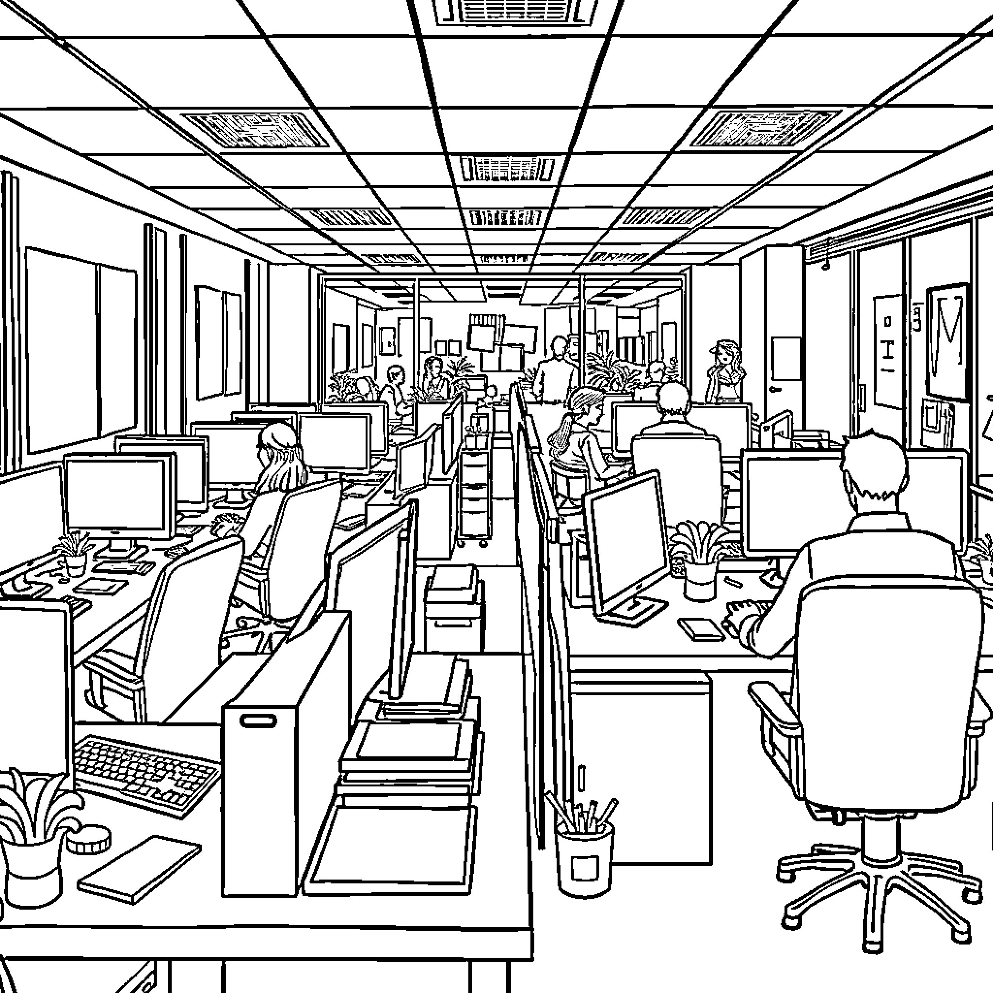 Buro Busy Office Scene with Workers at Desks Coloring Page (free black-and-white line drawing printable PDF for all, from beginners to advanced learners, including children, teens, adults, and seniors)