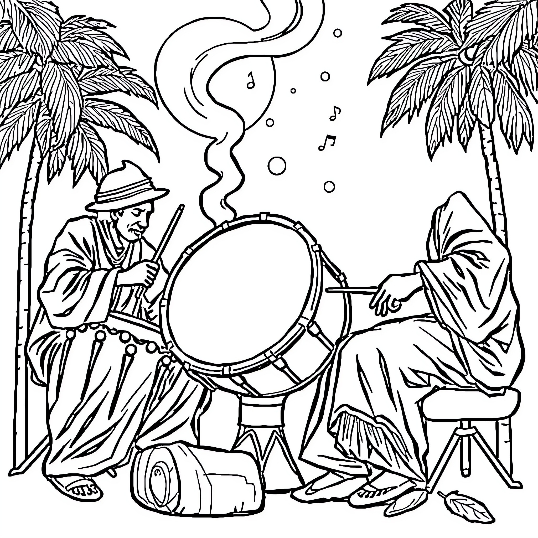 Sahur drum performance in tropical setting Coloring Page (free black-and-white line drawing printable PDF for all, from beginners to advanced learners, including children, teens, adults, and seniors)