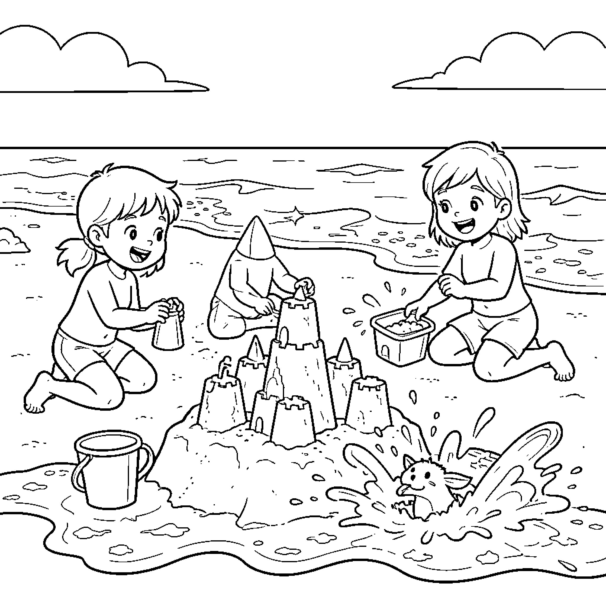 Kid building sand castles on the beach Coloring Page (free black-and-white line drawing printable PDF for all, from beginners to advanced learners, including children, teens, adults, and seniors)