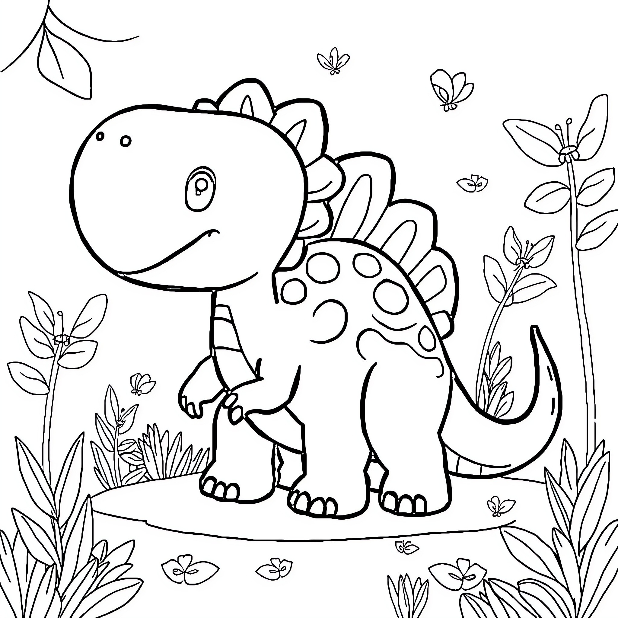 Dinosaur character in a nature setting Coloring Page (free black-and-white line drawing printable PDF for all, from beginners to advanced learners, including children, teens, adults, and seniors)