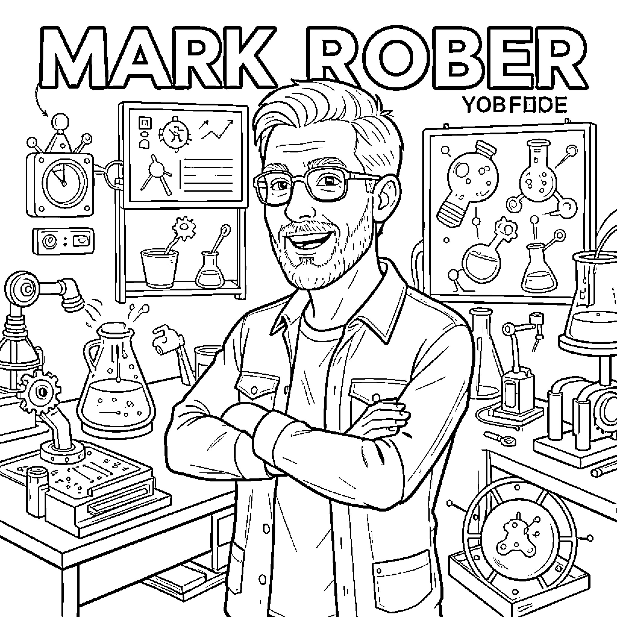 Mark Rober smiling with arms crossed in a laboratory Coloring Page (free black-and-white line drawing printable PDF for all, from beginners to advanced learners, including children, teens, adults, and seniors)
