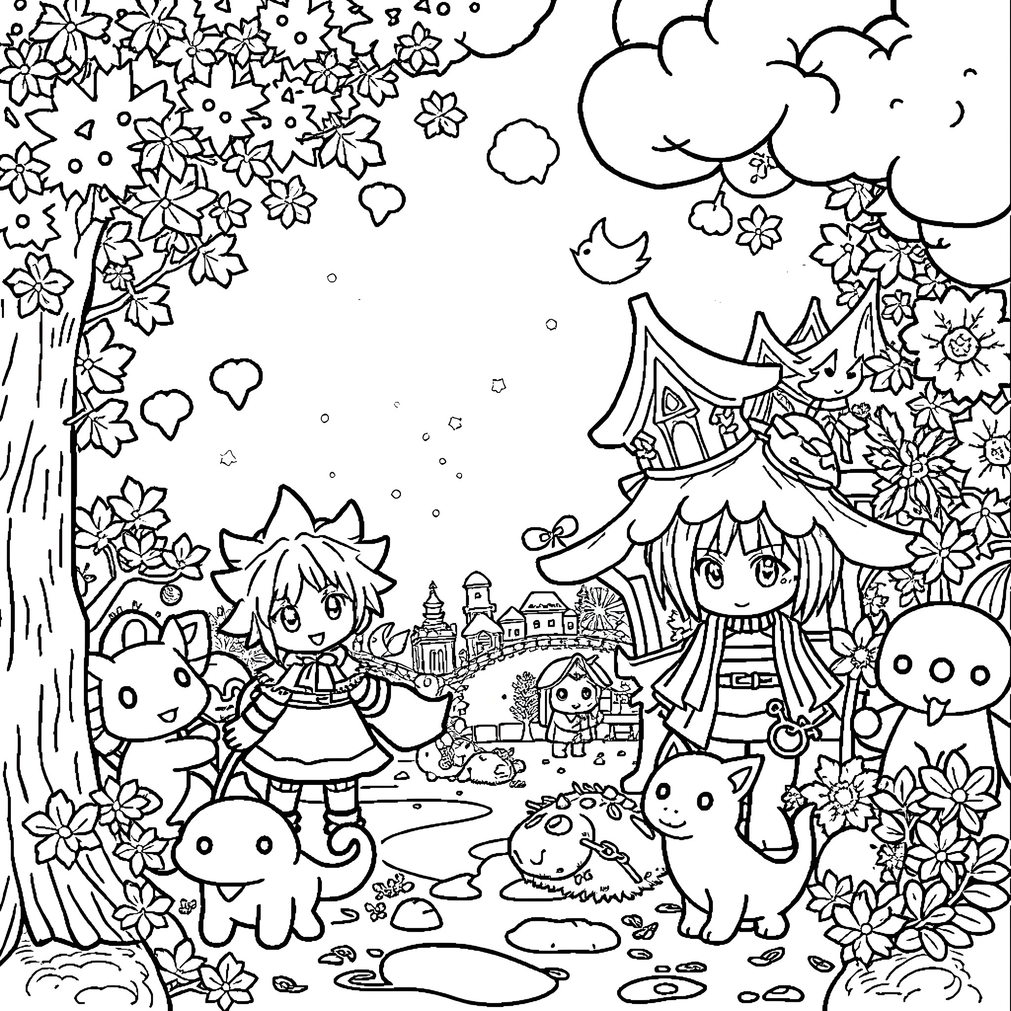 Maple Story Whimsical Fantasy Landscape with Adorable Characters Coloring Page (free black-and-white line drawing printable PDF for all, from beginners to advanced learners, including children, teens, adults, and seniors)