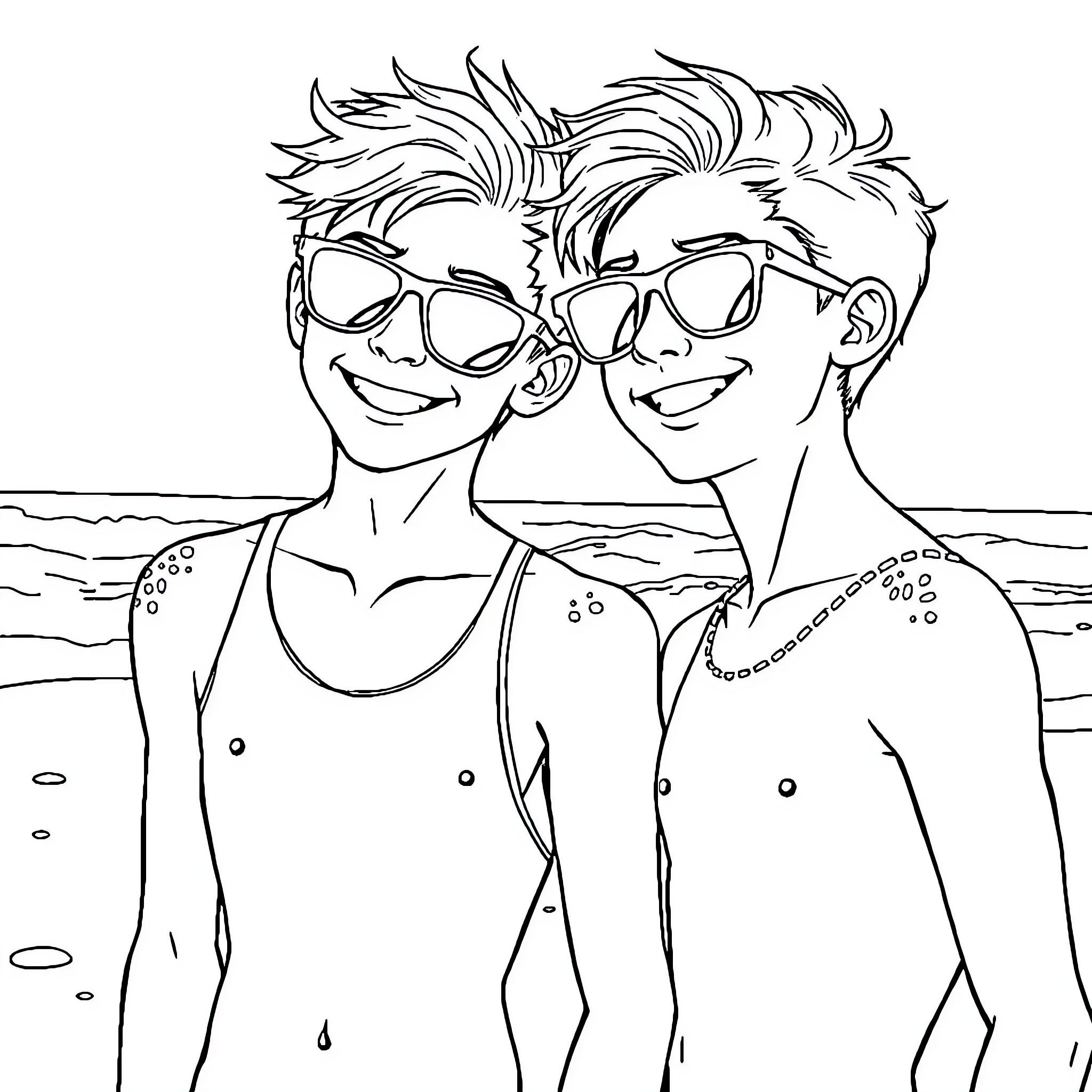 Boy Buddies Enjoying Summer Beach Adventure Coloring Page (free black-and-white line drawing printable PDF for all, from beginners to advanced learners, including children, teens, adults, and seniors)