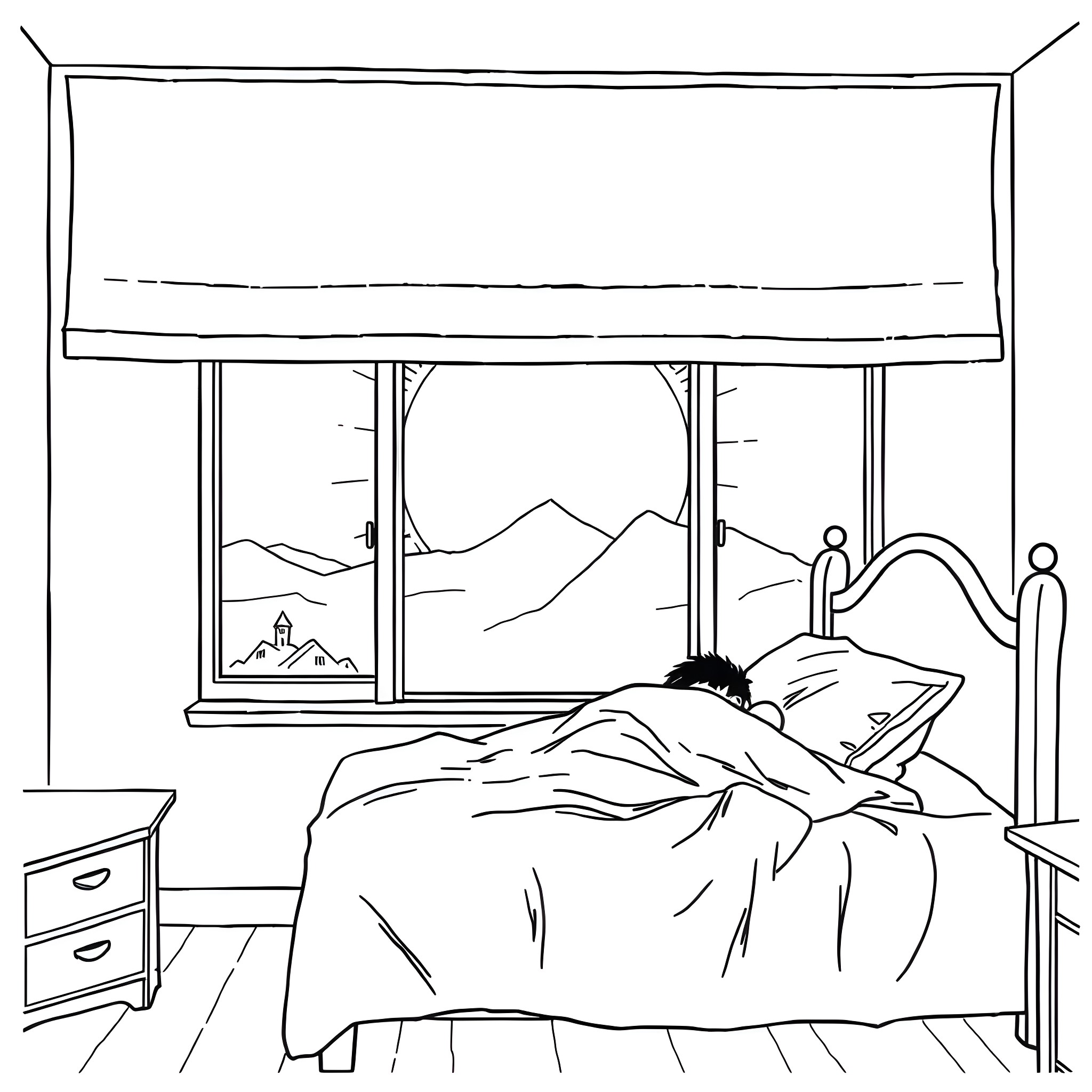 Sun shining through window at sleeping person Coloring Page (free black-and-white line drawing printable PDF for all, from beginners to advanced learners, including children, teens, adults, and seniors)