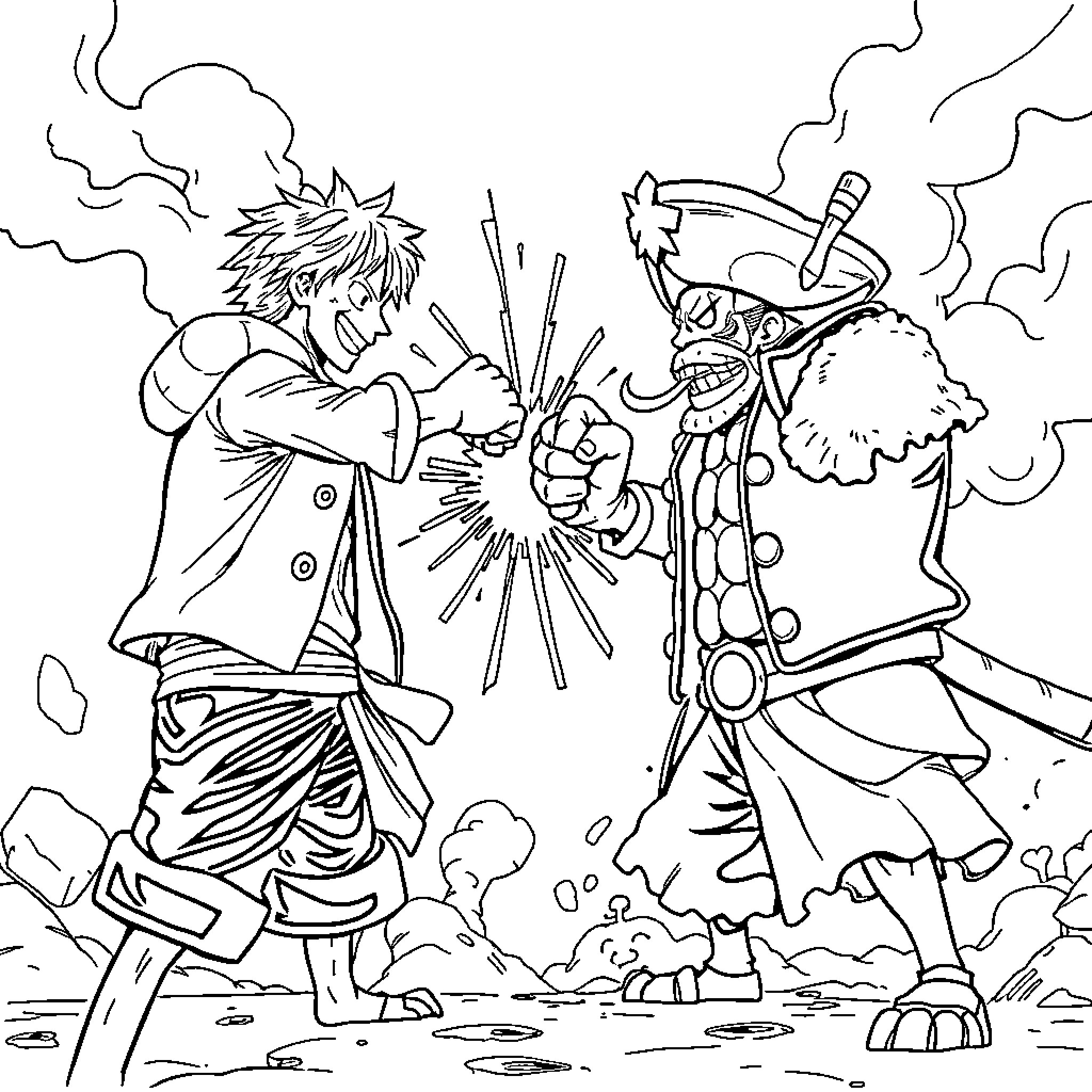Luffy's Intense Battle with a Formidable Foe Coloring Page (free black-and-white line drawing printable PDF for all, from beginners to advanced learners, including children, teens, adults, and seniors)