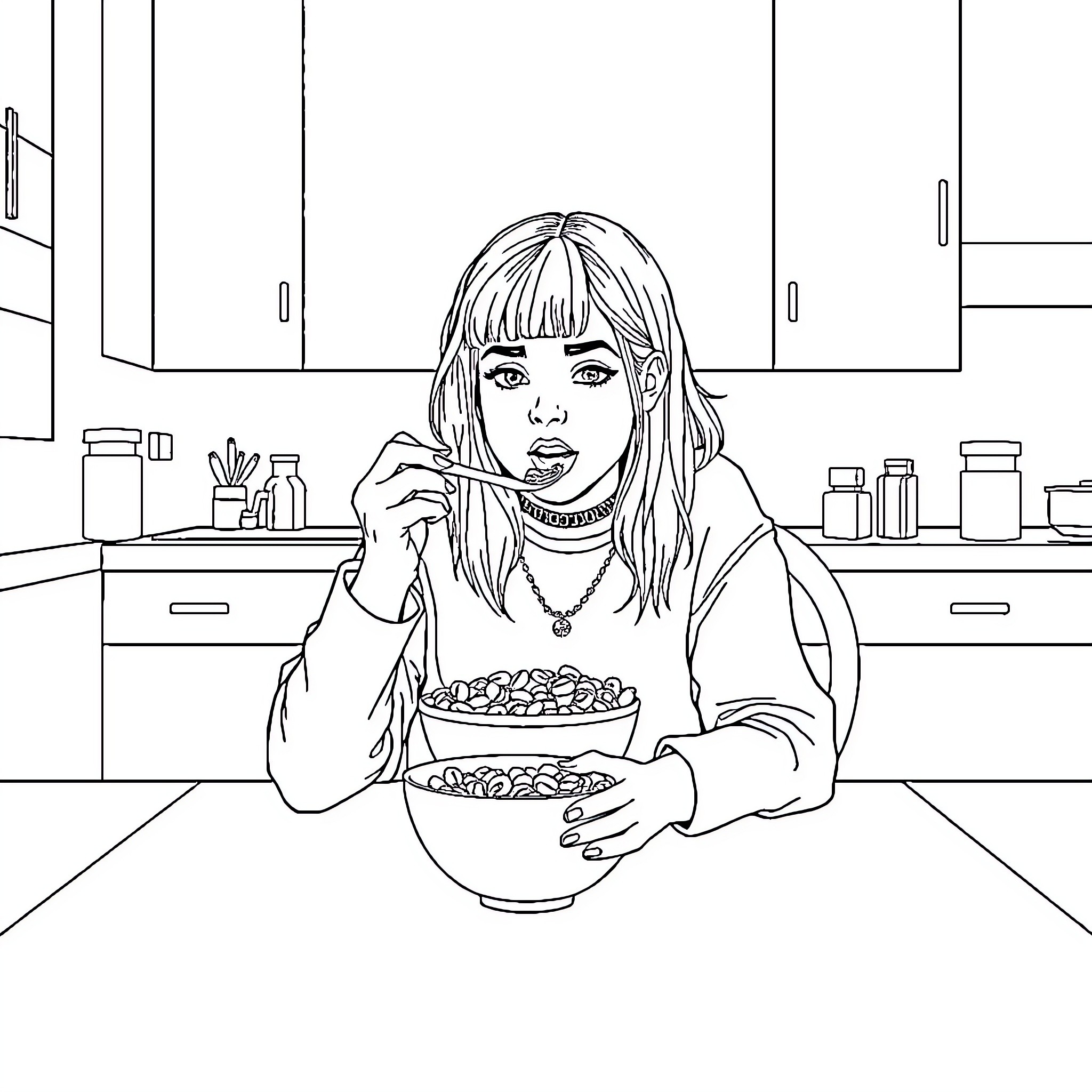 Billie Eilish enjoying a snack in the kitchen Coloring Page (free black-and-white line drawing printable PDF for all, from beginners to advanced learners, including children, teens, adults, and seniors)