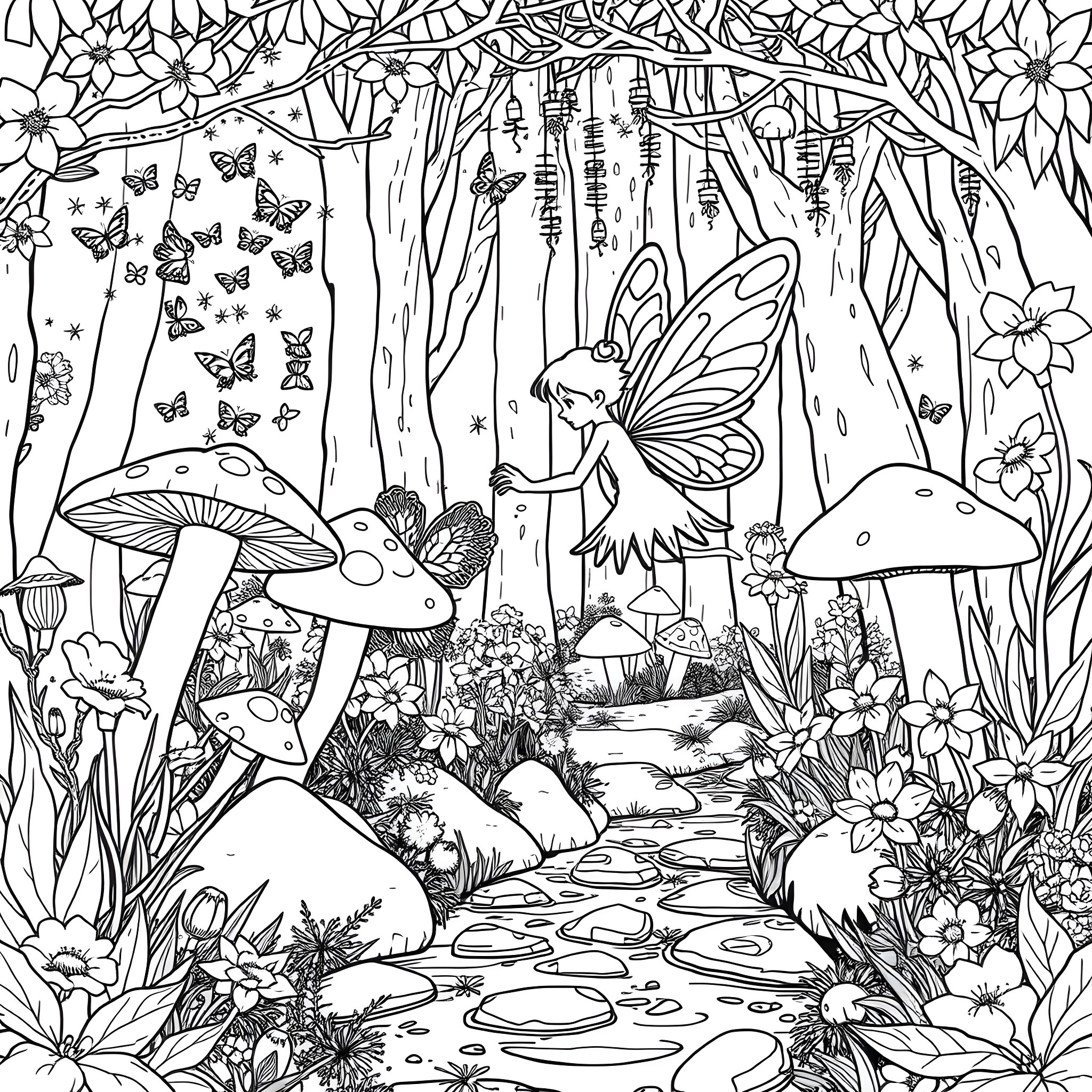 Fairy playing in the enchanted forest with butterflies and mushrooms Coloring Page (free black-and-white line drawing printable PDF for all, from beginners to advanced learners, including children, teens, adults, and seniors)