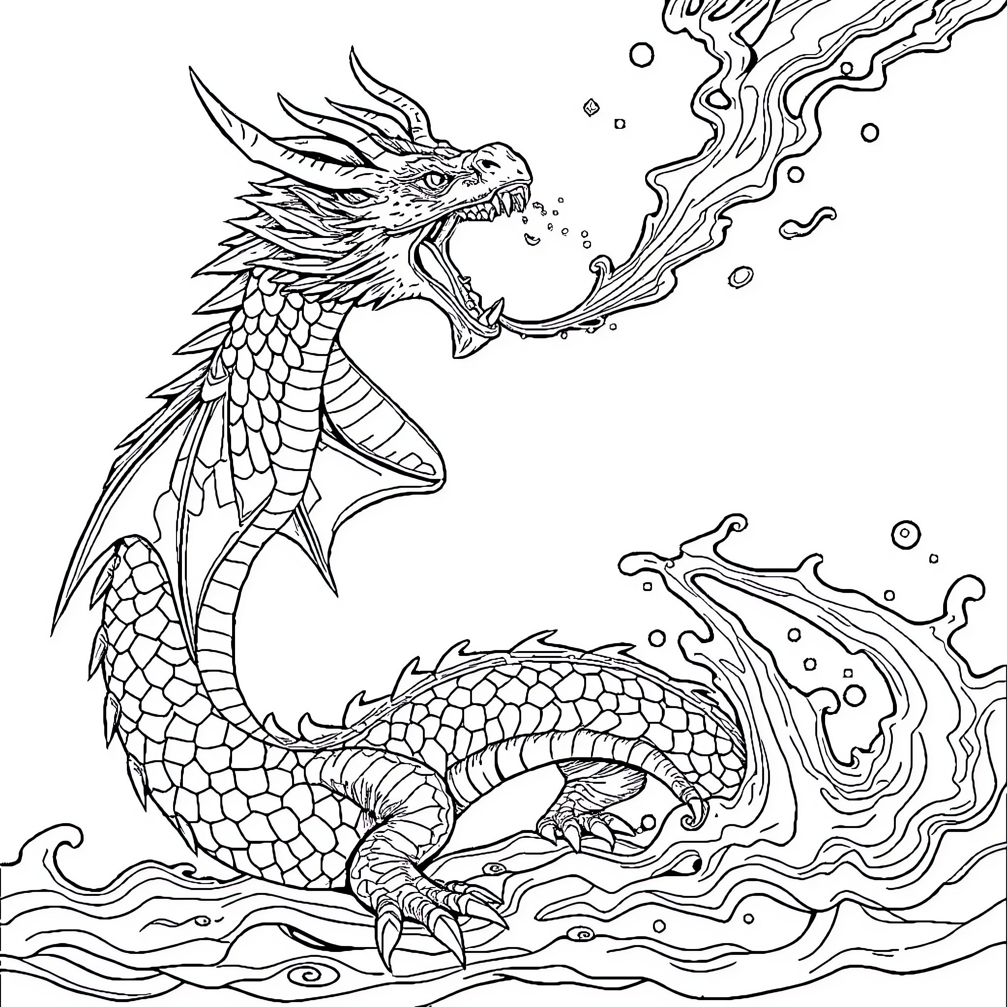 Dragon unleashing fiery breath in a watery scene Coloring Page (free black-and-white line drawing printable PDF for all, from beginners to advanced learners, including children, teens, adults, and seniors)