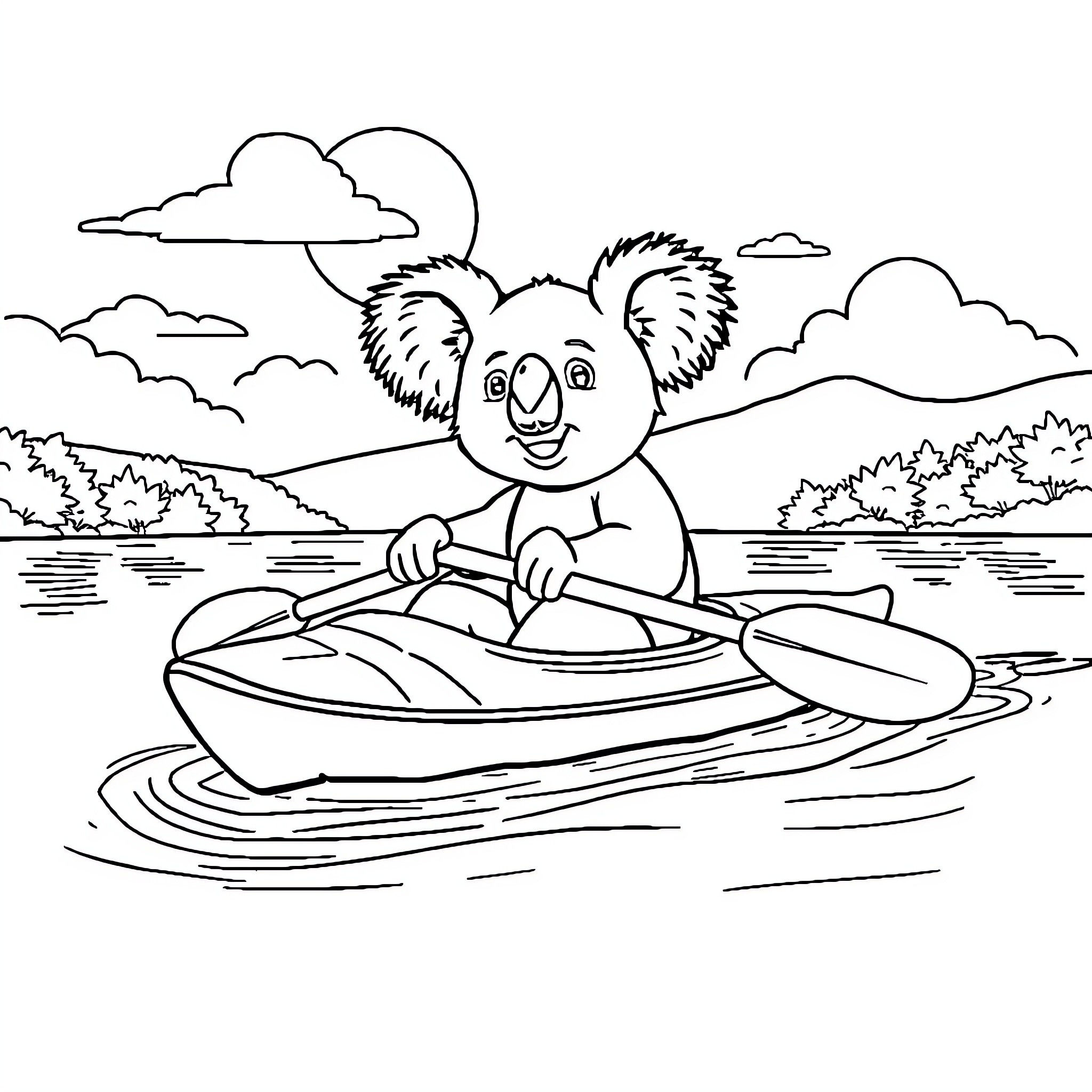 Koala riding a jet ski on the lake Coloring Page (free black-and-white line drawing printable PDF for all, from beginners to advanced learners, including children, teens, adults, and seniors)