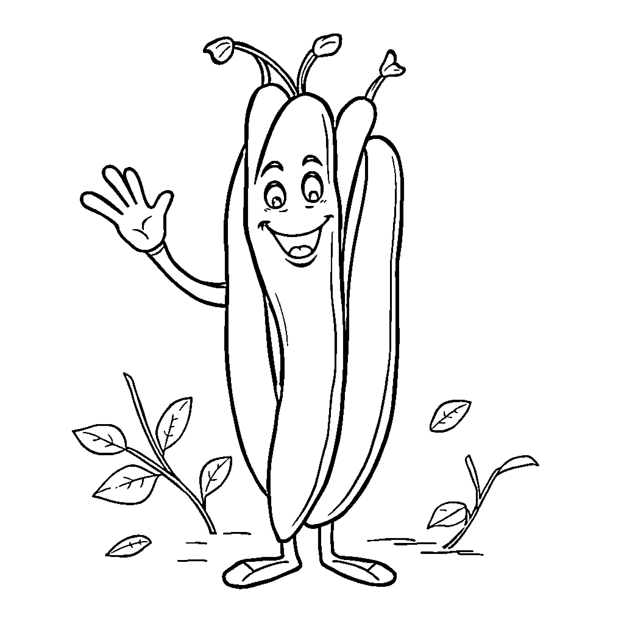 Green Bean Smiling and Waving Happily Coloring Page (free black-and-white line drawing printable PDF for all, from beginners to advanced learners, including children, teens, adults, and seniors)