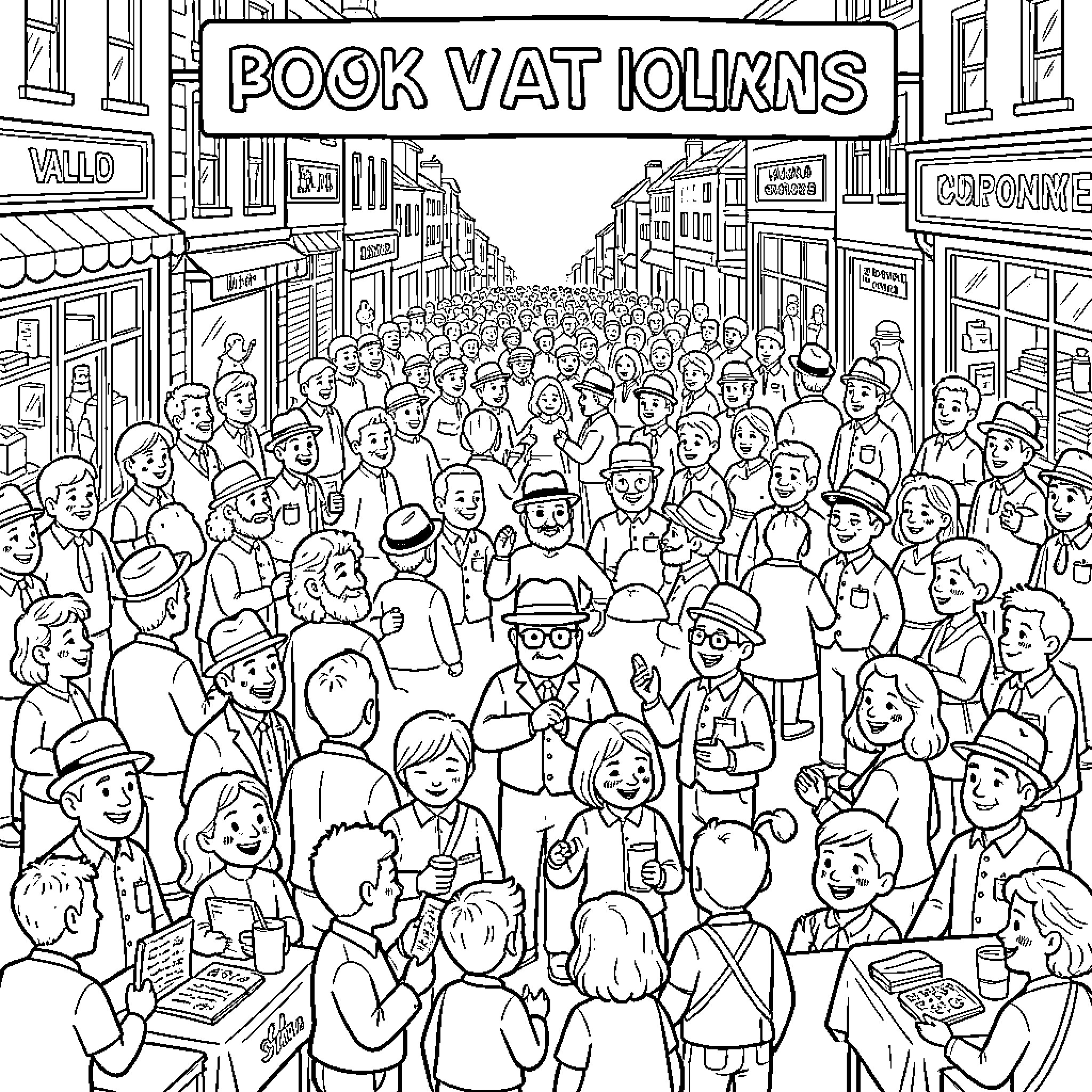 Waldo walking through a crowded city street filled with people Coloring Page (free black-and-white line drawing printable PDF for all, from beginners to advanced learners, including children, teens, adults, and seniors)