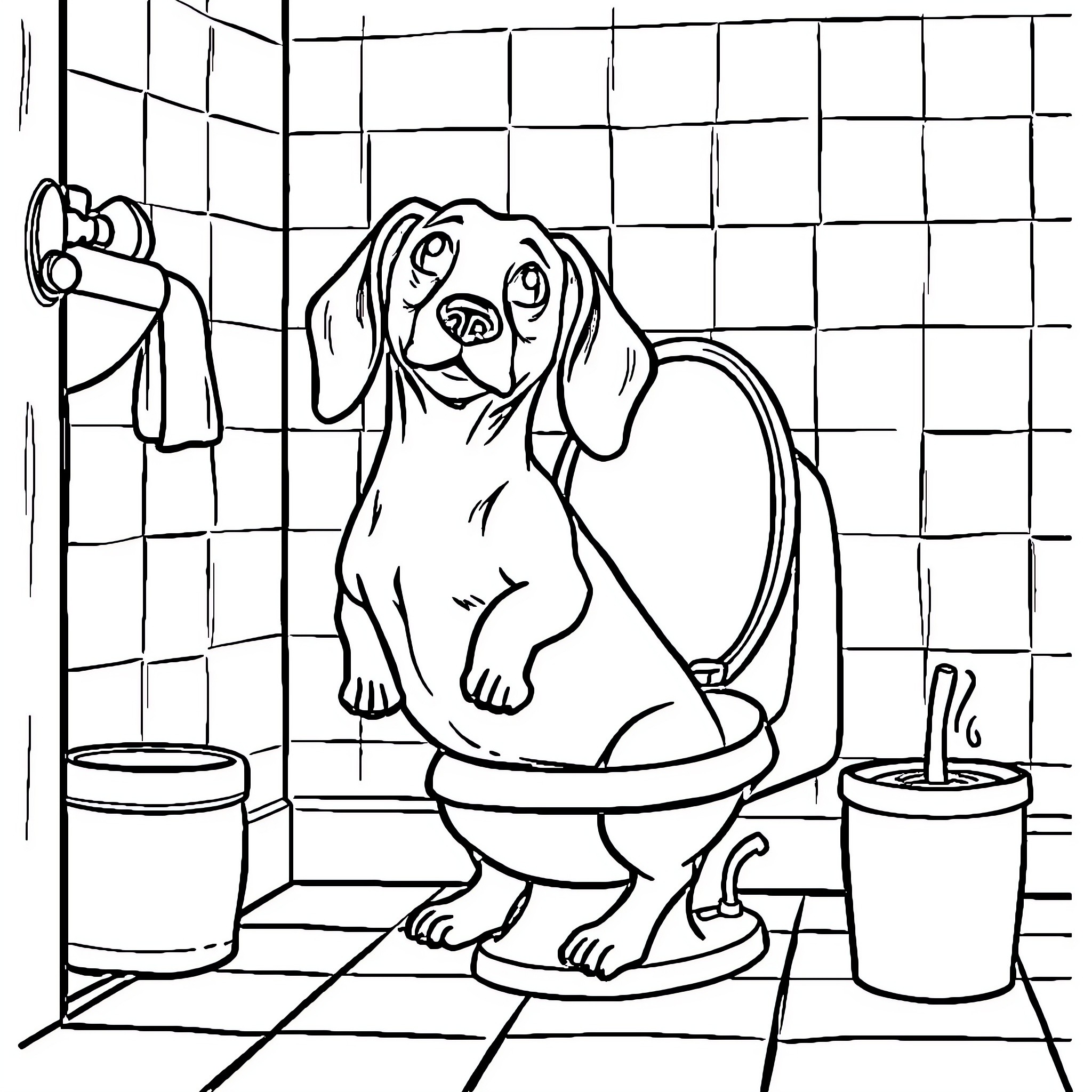 Dachshund sitting on the toilet Coloring Page (free black-and-white line drawing printable PDF for all, from beginners to advanced learners, including children, teens, adults, and seniors)