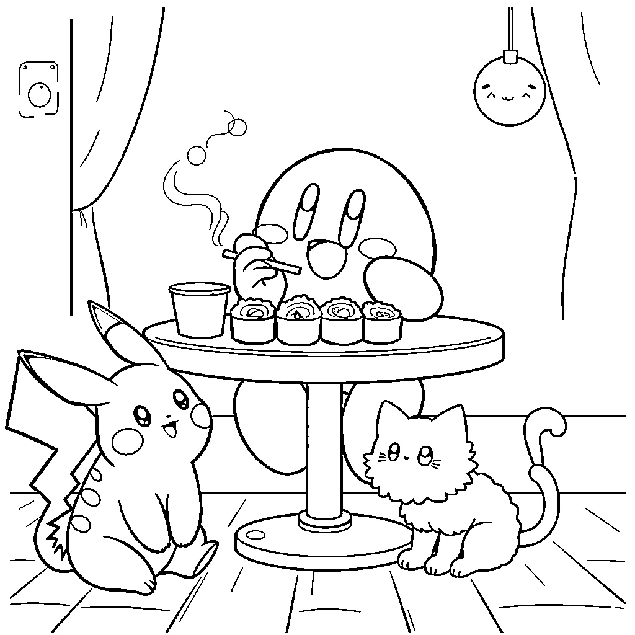Kirby enjoying a cafe with friends Coloring Page (free black-and-white line drawing printable PDF for all, from beginners to advanced learners, including children, teens, adults, and seniors)