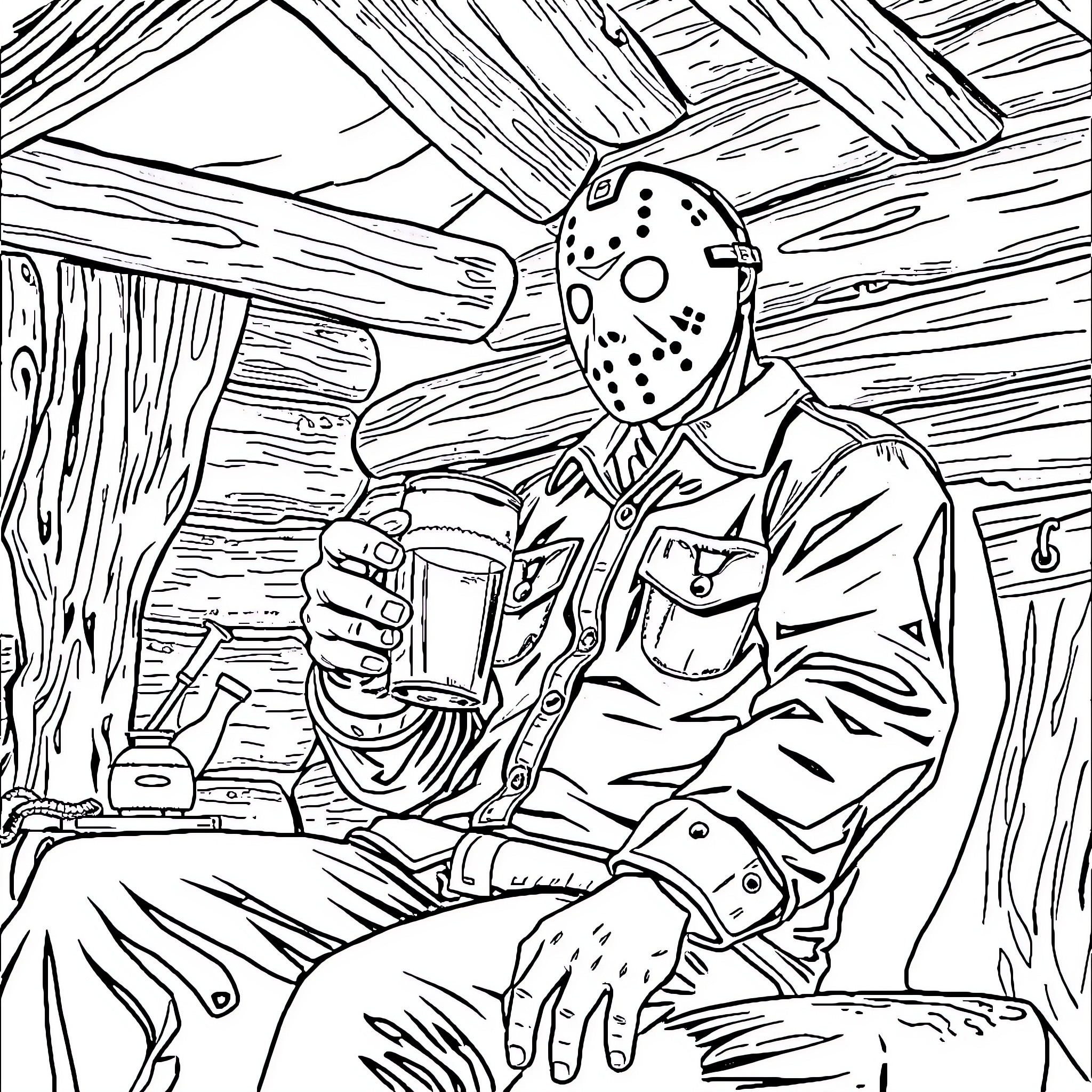 Jason on a relaxing cabin getaway Coloring Page (free black-and-white line drawing printable PDF for all, from beginners to advanced learners, including children, teens, adults, and seniors)