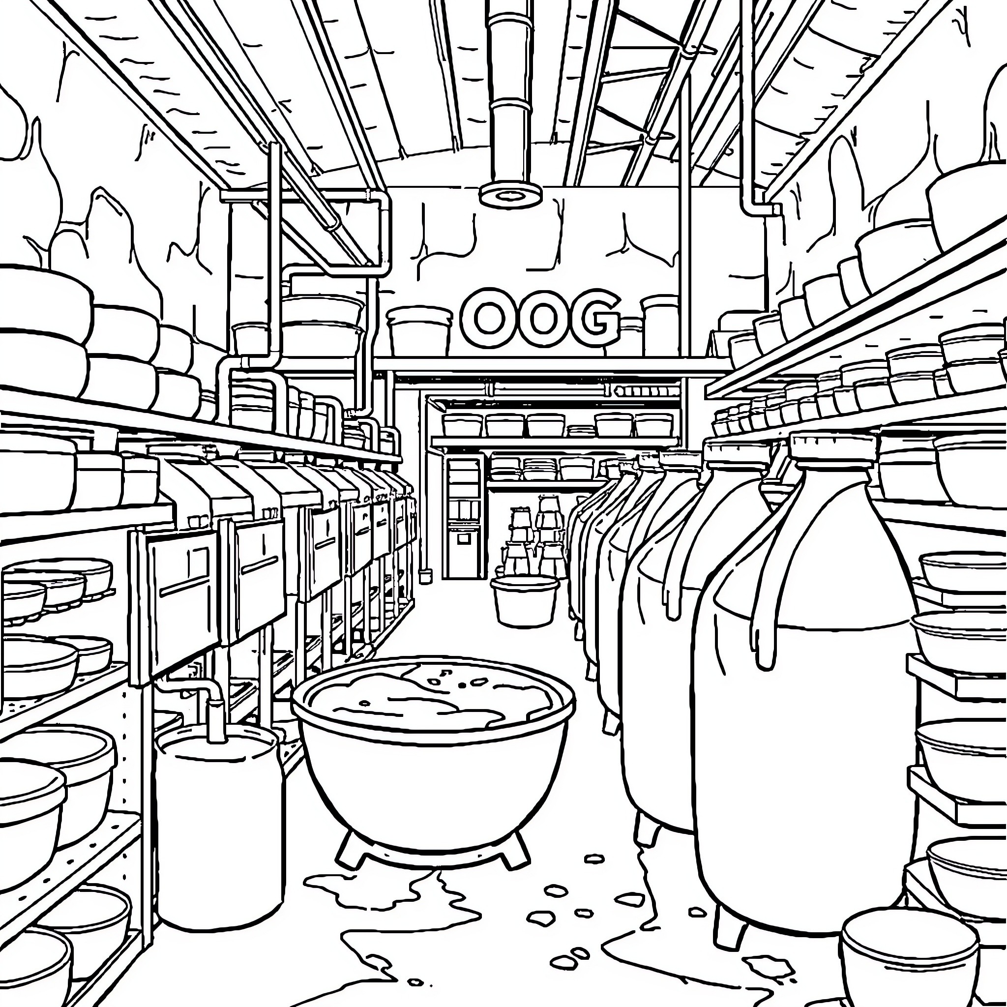 Oog's Cluttered Storage Cavern Coloring Page (free black-and-white line drawing printable PDF for all, from beginners to advanced learners, including children, teens, adults, and seniors)