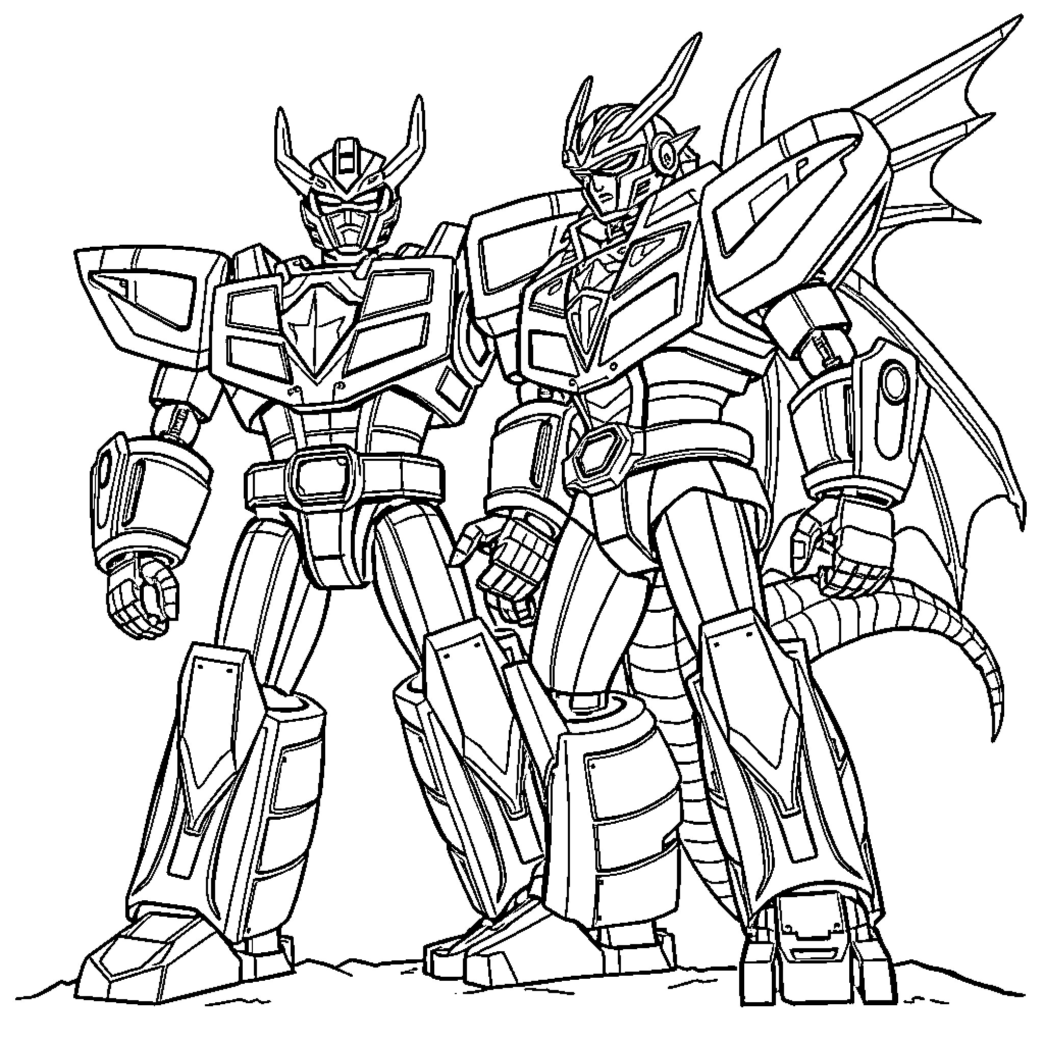 Zord warriors in heroic battle stance Coloring Page (free black-and-white line drawing printable PDF for all, from beginners to advanced learners, including children, teens, adults, and seniors)