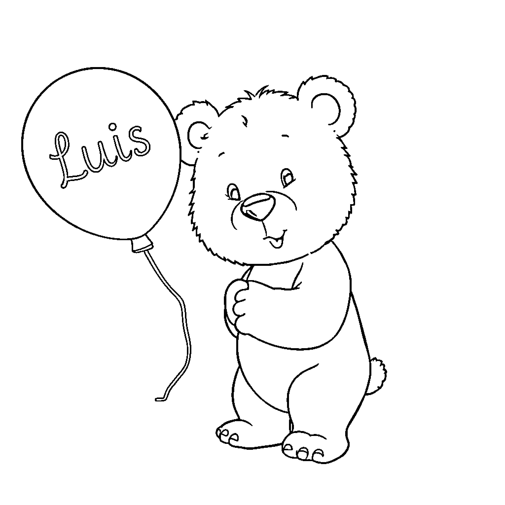 Bear holding a balloon with a name Coloring Page (free black-and-white line drawing printable PDF for all, from beginners to advanced learners, including children, teens, adults, and seniors)