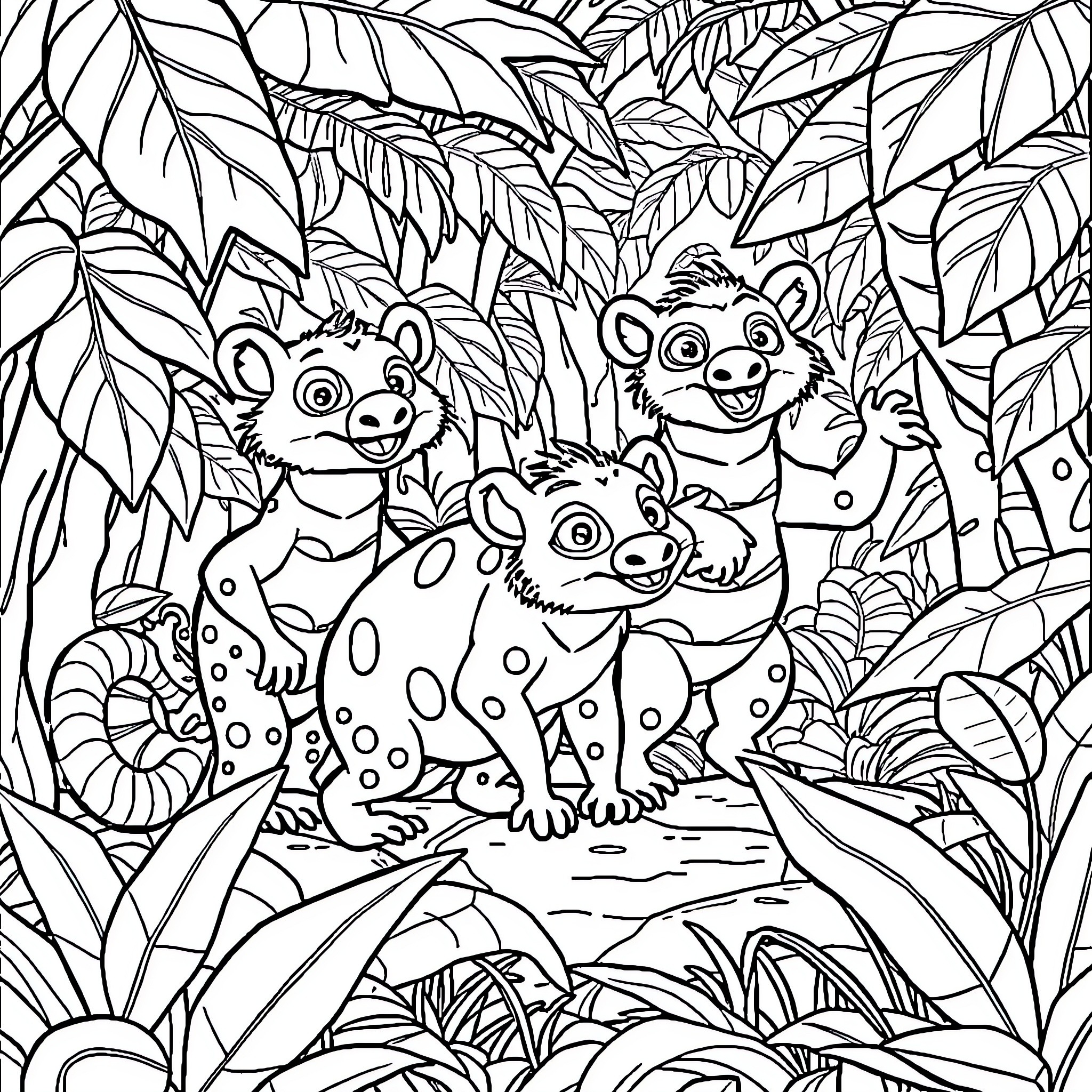 Wild Krat creatures exploring lush jungle foliage Coloring Page (free black-and-white line drawing printable PDF for all, from beginners to advanced learners, including children, teens, adults, and seniors)