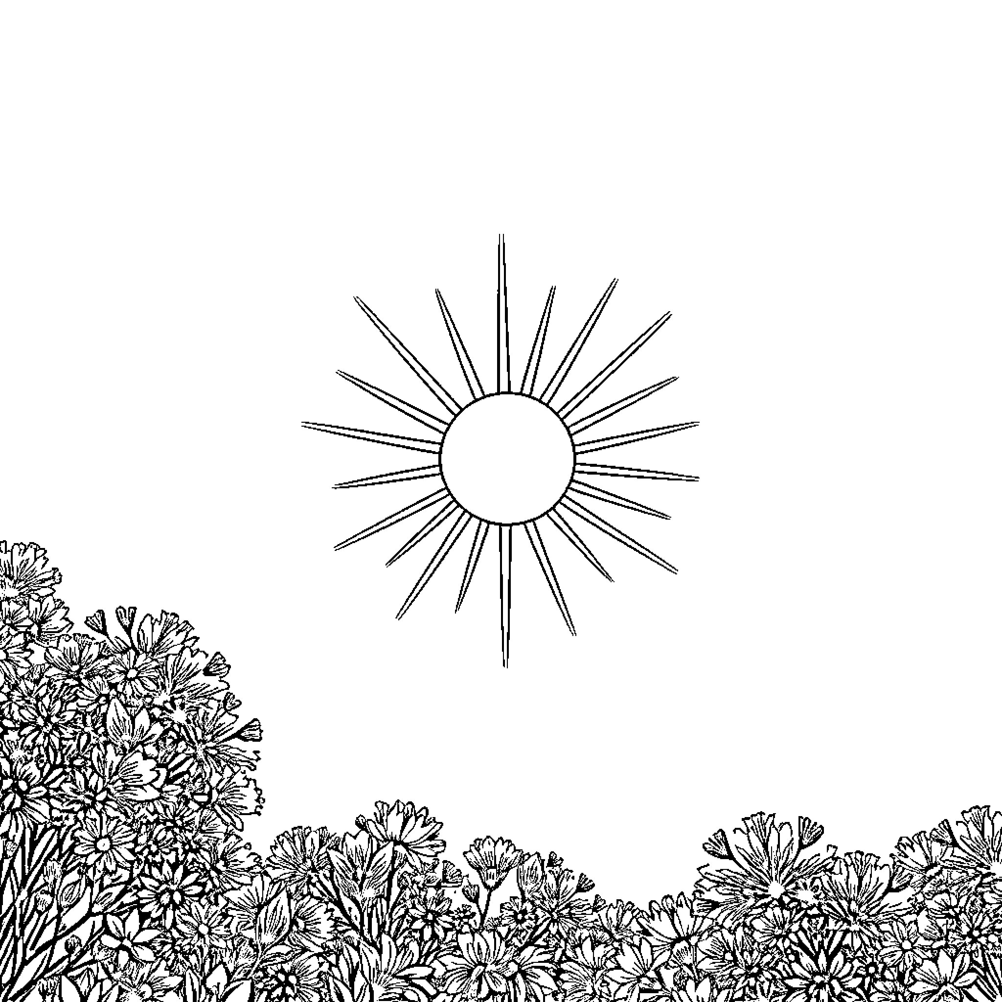 Sun shining over a field of flowers Coloring Page (free black-and-white line drawing printable PDF for all, from beginners to advanced learners, including children, teens, adults, and seniors)