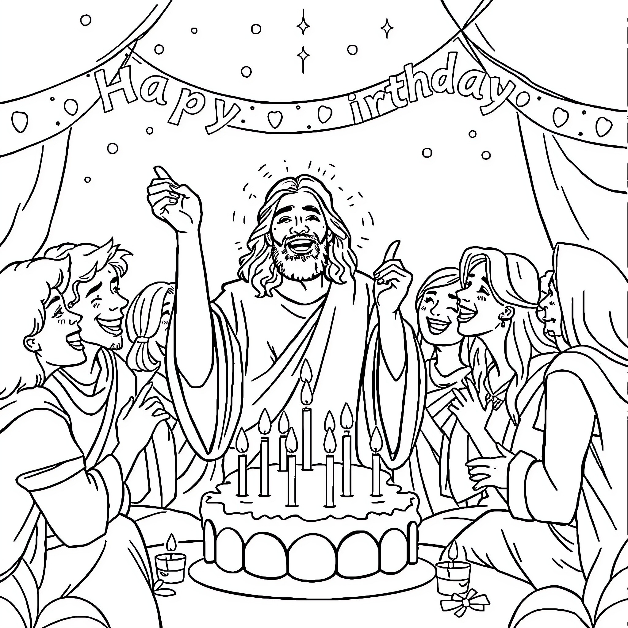 Jesus celebrating a joyous birthday with his friends Coloring Page (free black-and-white line drawing printable PDF for all, from beginners to advanced learners, including children, teens, adults, and seniors)