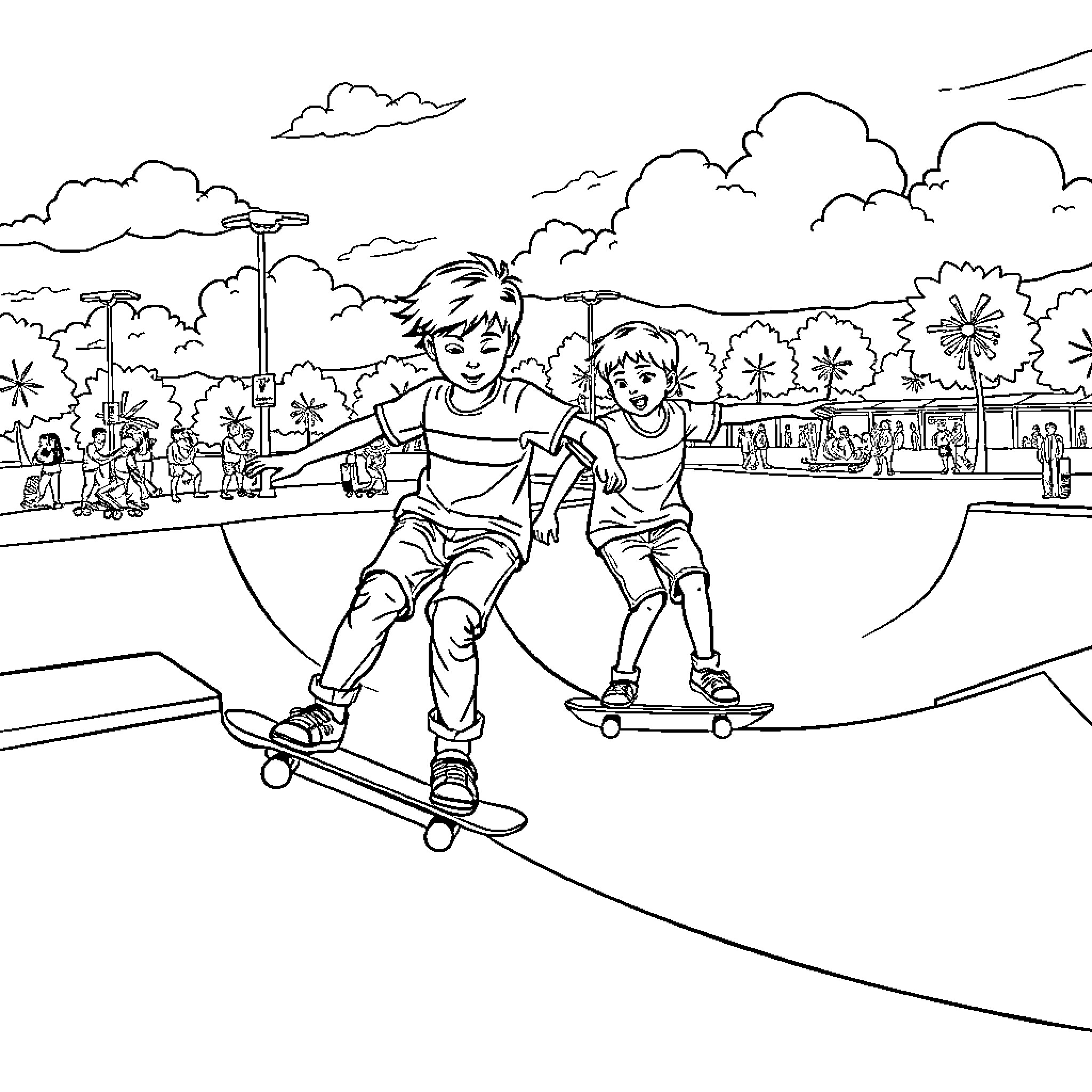 Boy Skateboarding with Friend in Park Coloring Page (free black-and-white line drawing printable PDF for all, from beginners to advanced learners, including children, teens, adults, and seniors)