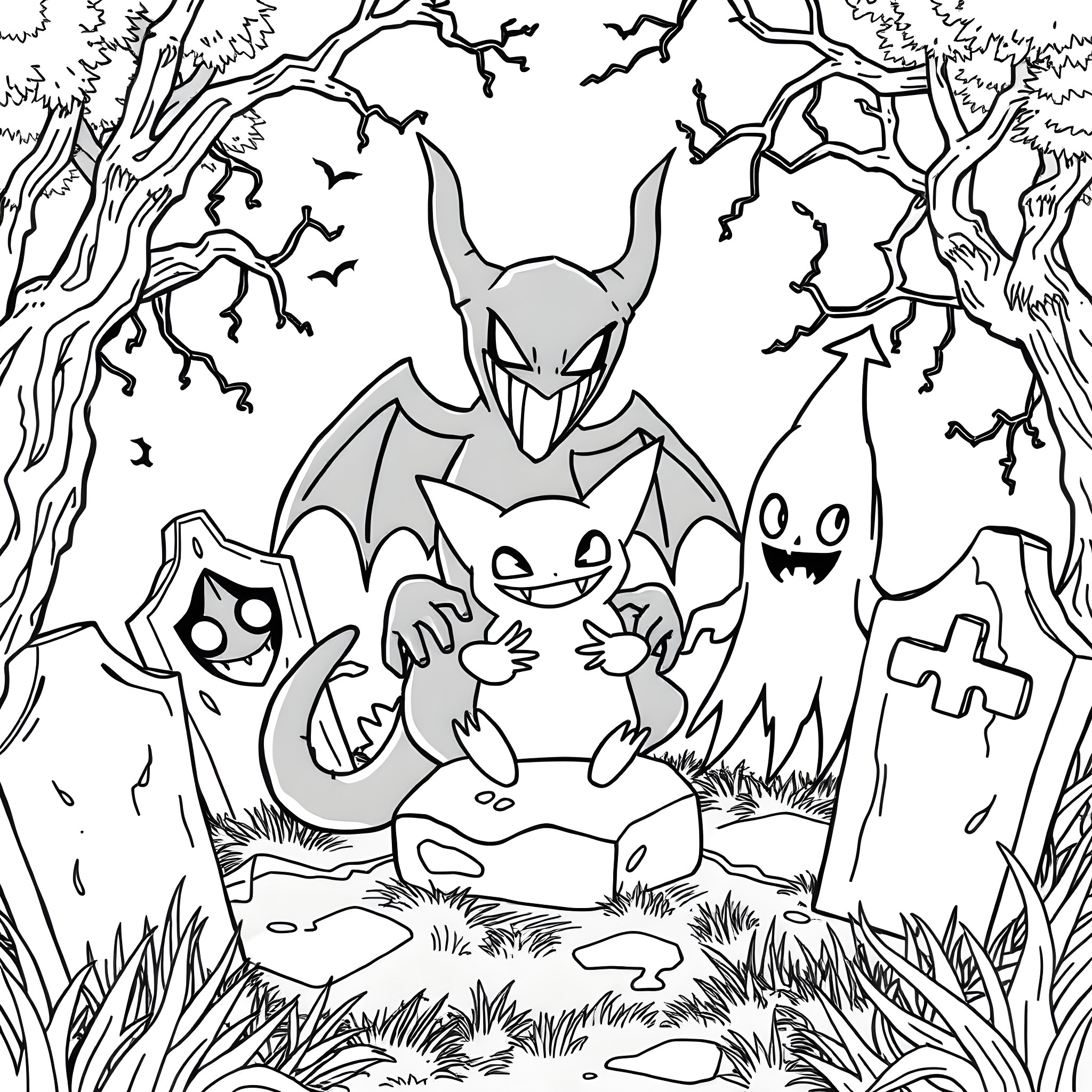 Ghost Creatures Lurking in the Haunted Forest Coloring Page (free black-and-white line drawing printable PDF for all, from beginners to advanced learners, including children, teens, adults, and seniors)