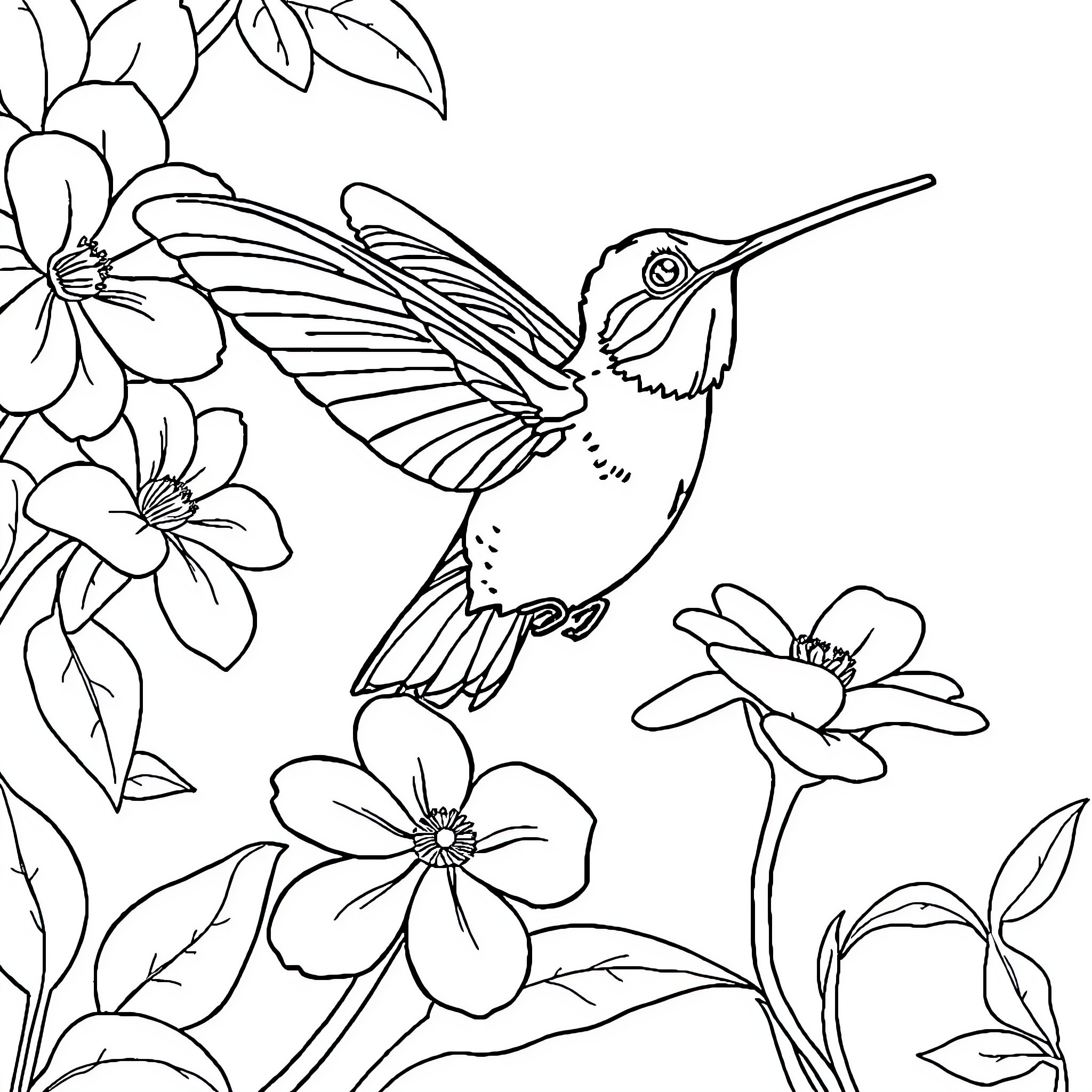 Moth hovering near vibrant flowers Coloring Page (free black-and-white line drawing printable PDF for all, from beginners to advanced learners, including children, teens, adults, and seniors)