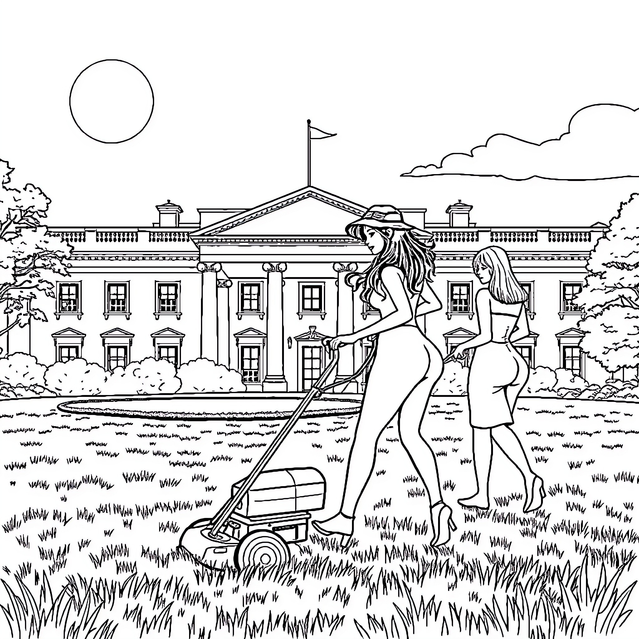 Latina Moms Mowing the Lawn of the White House Coloring Page (free black-and-white line drawing printable PDF for all, from beginners to advanced learners, including children, teens, adults, and seniors)