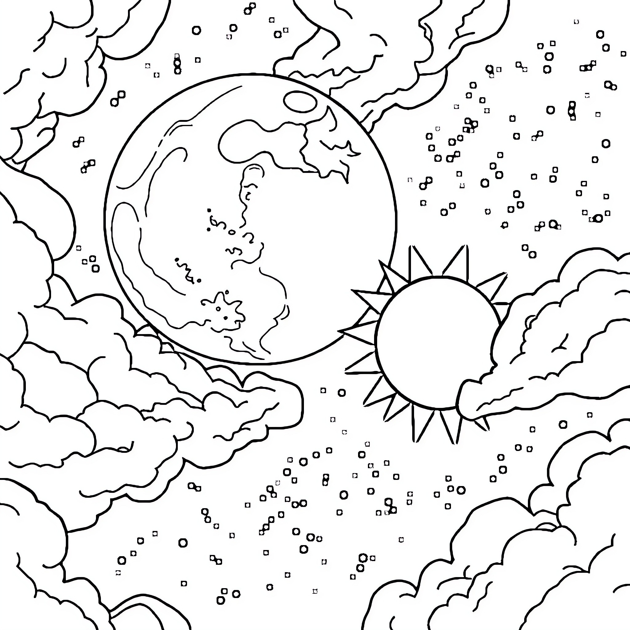 Moon and Sun interacting in the cloudy sky Coloring Page (free black-and-white line drawing printable PDF for all, from beginners to advanced learners, including children, teens, adults, and seniors)