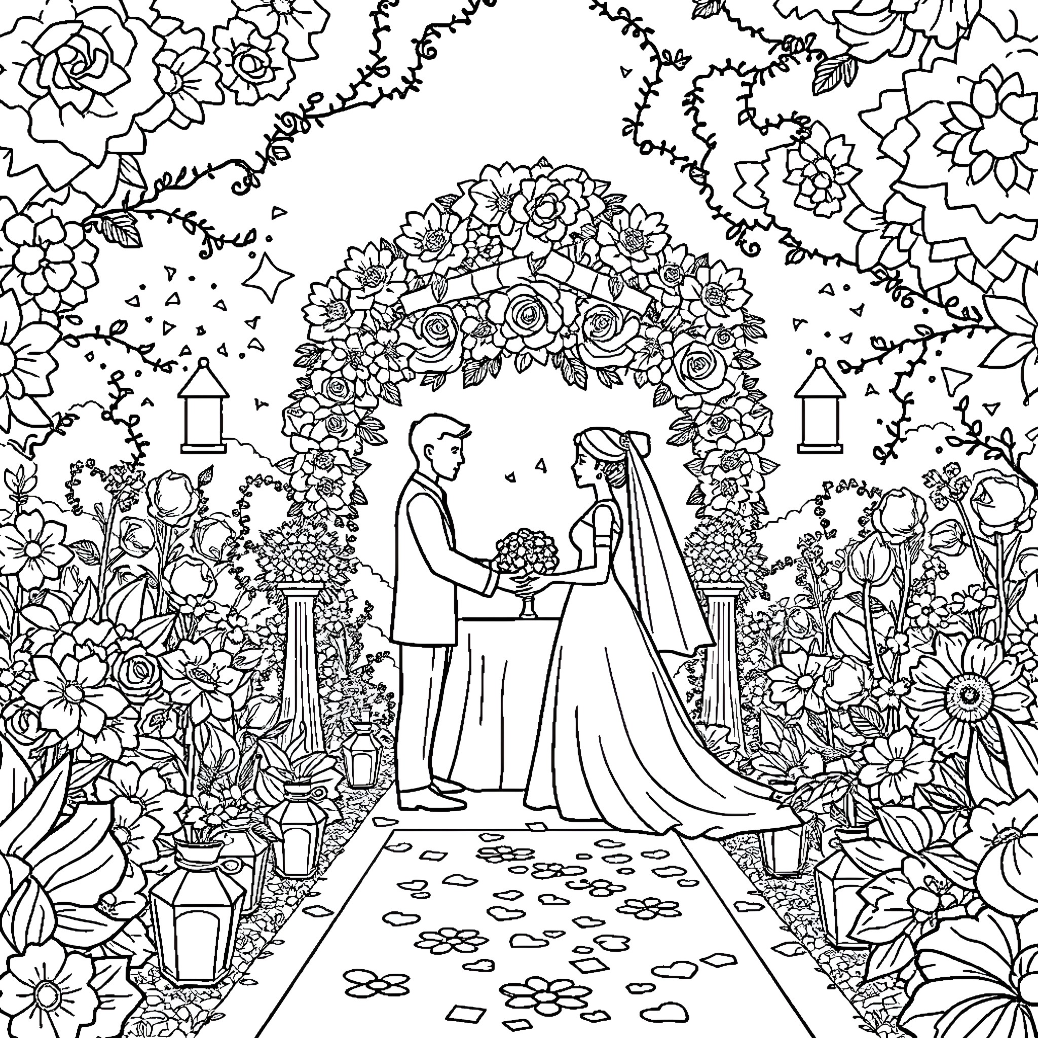 Wedding Celebration in a Floral Garden Coloring Page (free black-and-white line drawing printable PDF for all, from beginners to advanced learners, including children, teens, adults, and seniors)