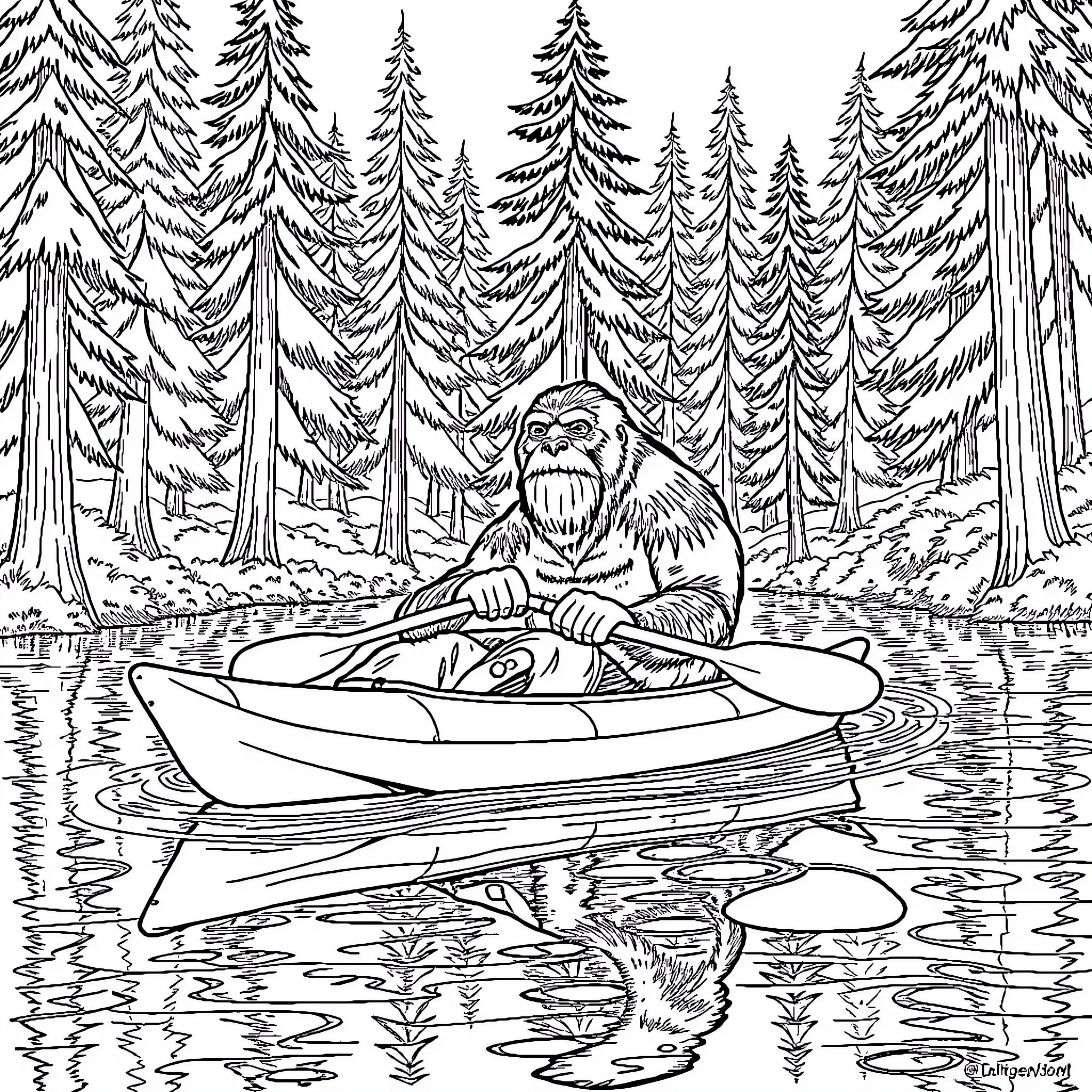 Bigfoot paddling a boat in the forest Coloring Page (free black-and-white line drawing printable PDF for all, from beginners to advanced learners, including children, teens, adults, and seniors)