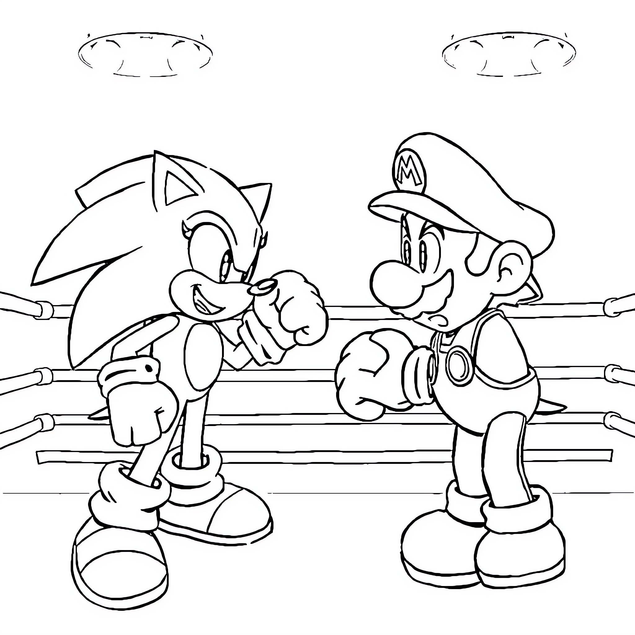 Sonic and Mario wrestling in the ring Coloring Page (free black-and-white line drawing printable PDF for all, from beginners to advanced learners, including children, teens, adults, and seniors)