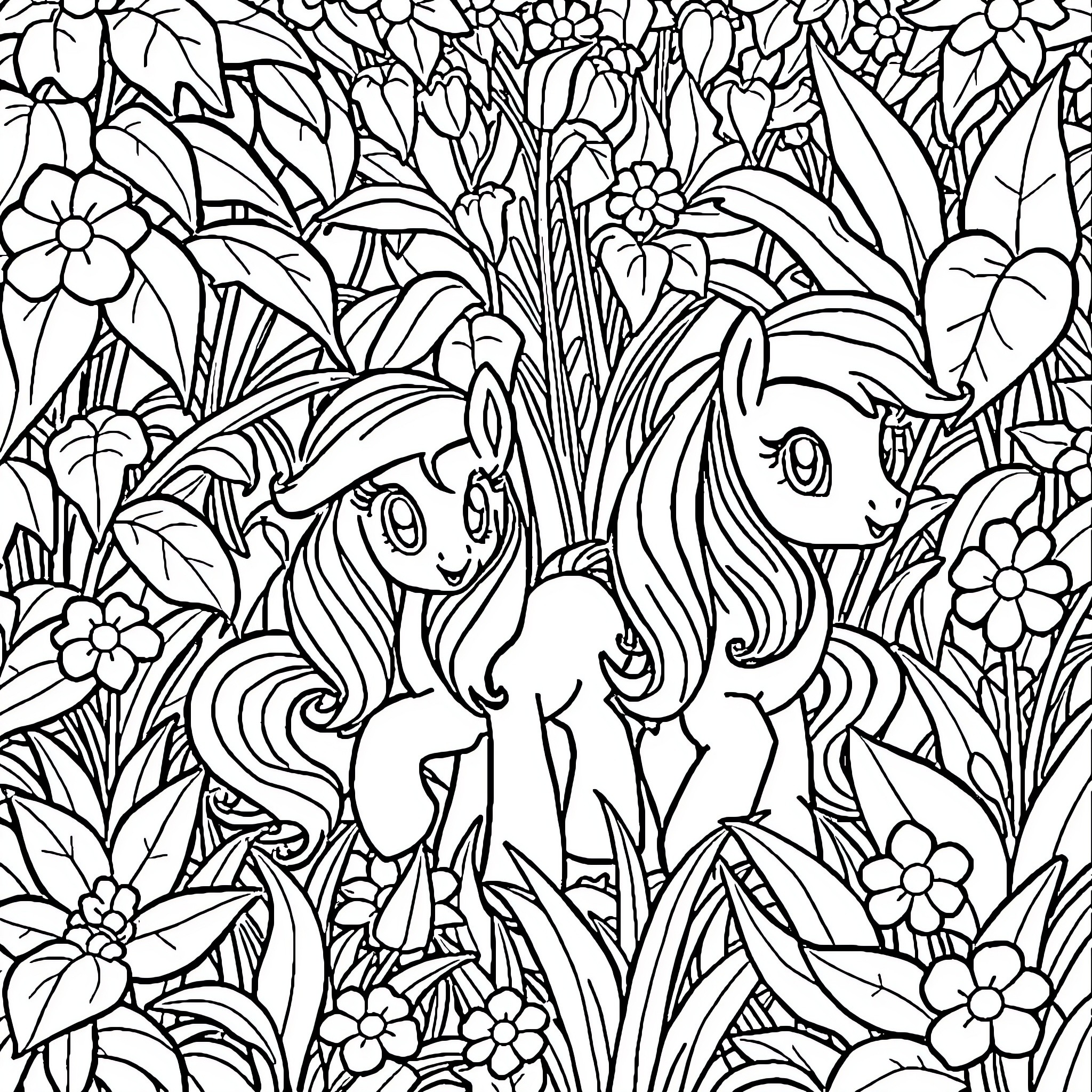 Pony frolicking in a floral wonderland Coloring Page (free black-and-white line drawing printable PDF for all, from beginners to advanced learners, including children, teens, adults, and seniors)
