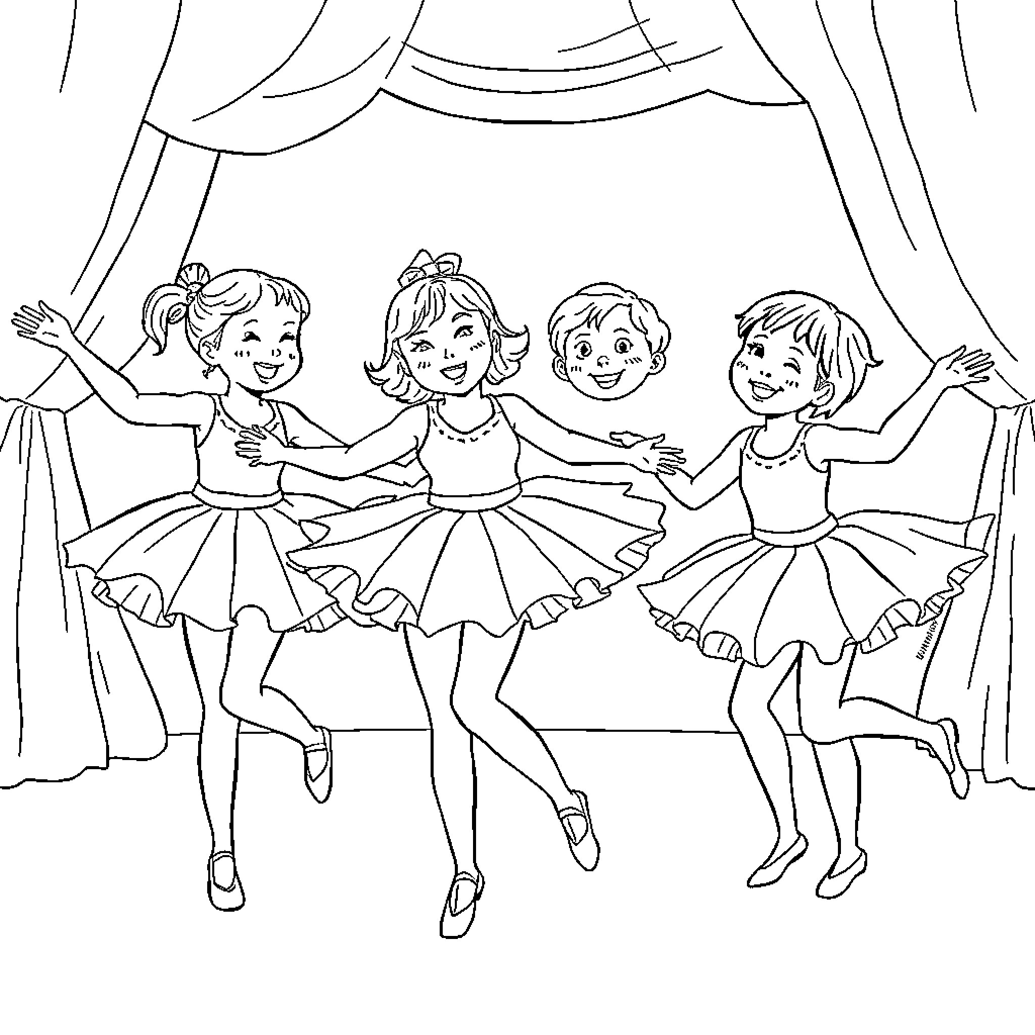 Stray Kids Ballet Dancers on Stage Coloring Page (free black-and-white line drawing printable PDF for all, from beginners to advanced learners, including children, teens, adults, and seniors)