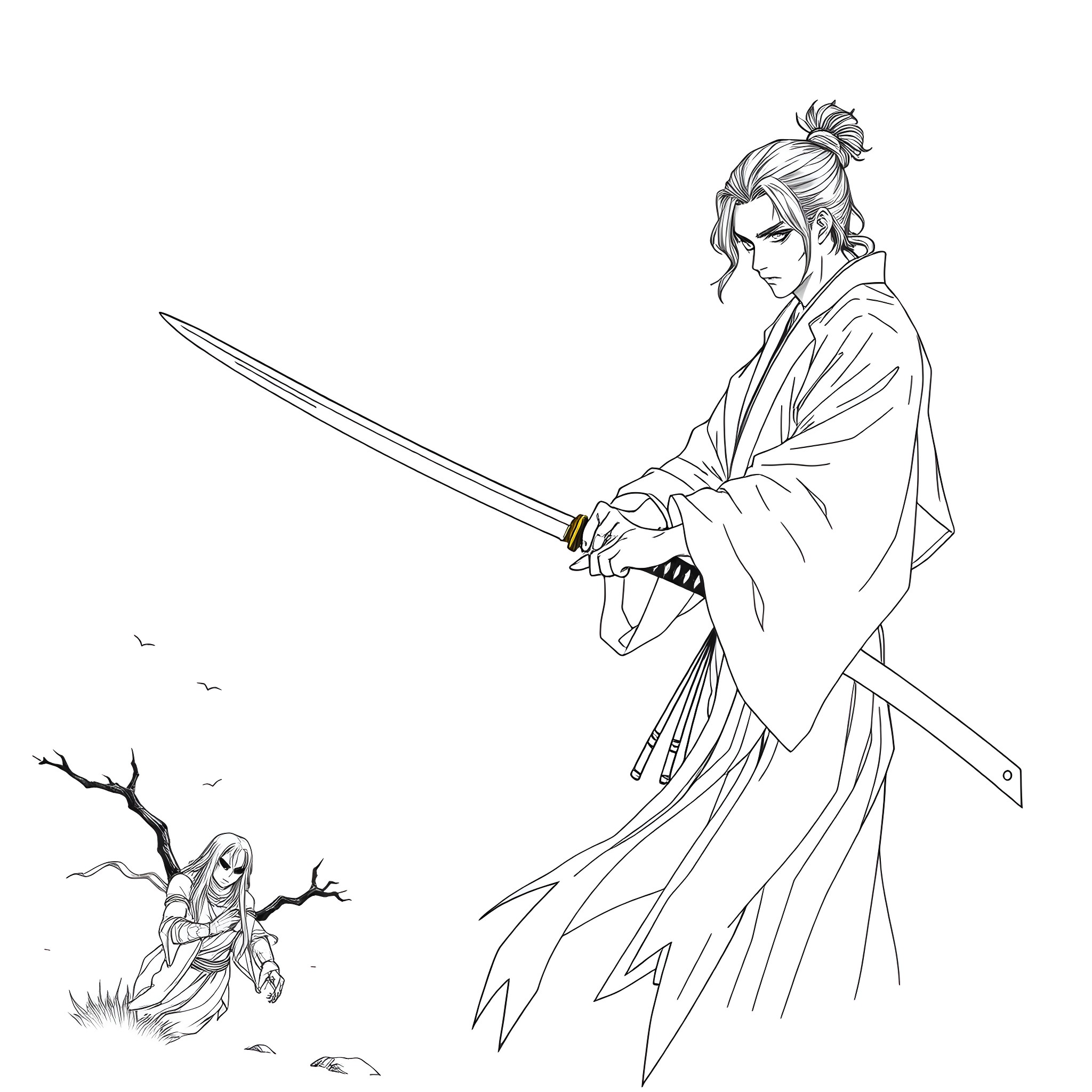Muichiro Tokito's Decisive Stance Coloring Page (free black-and-white line drawing printable PDF for all, from beginners to advanced learners, including children, teens, adults, and seniors)